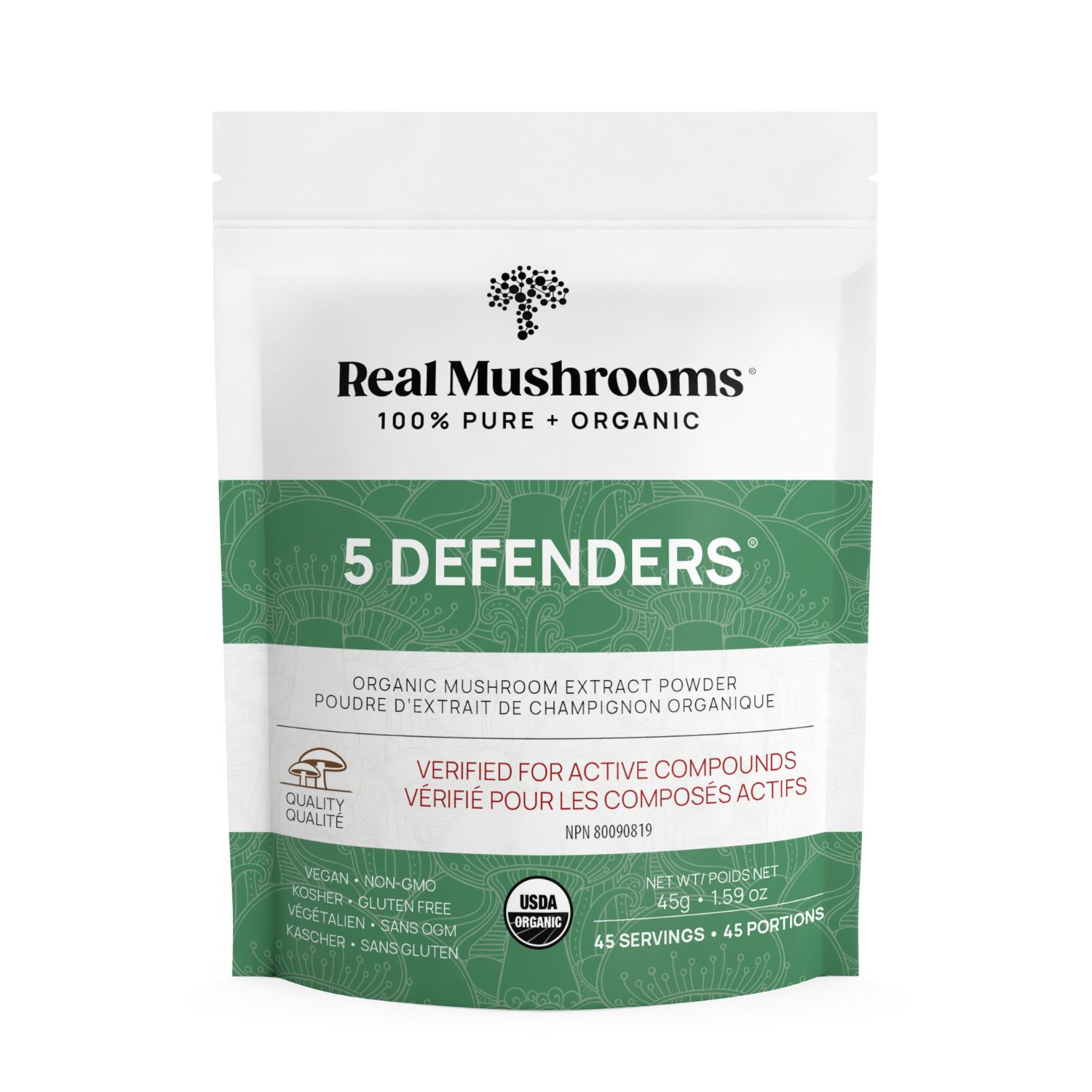 A white and green pouch of Real Mushrooms 5 Defenders® Organic Mushroom Complex – Bulk Powder, certified USDA Organic, features quality seals and promotes immune support with beta-glucan rich organic mushroom extracts.