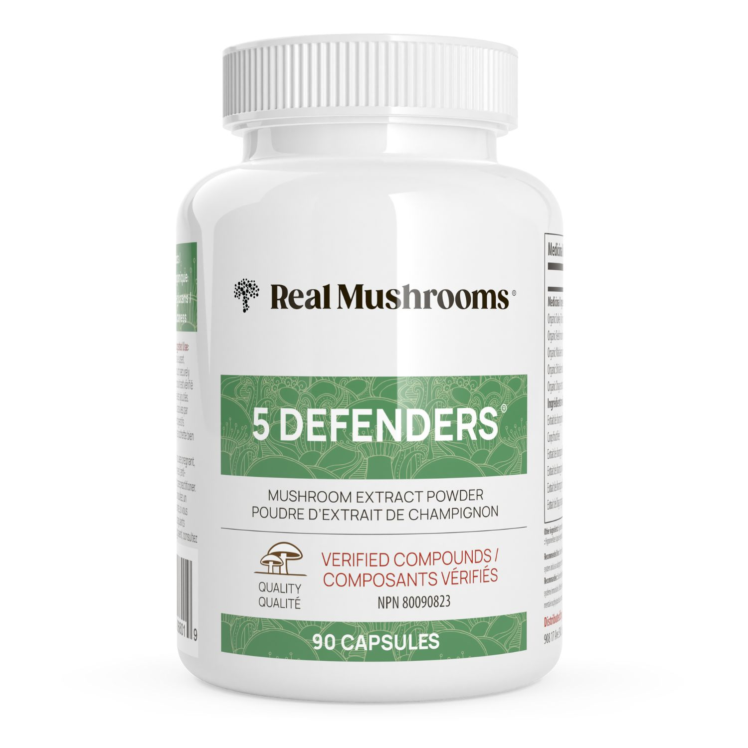 A white bottle labeled "Real Mushrooms 5 Defenders® Organic Mushroom Blend Capsules" with 90 capsules for immune support. Text is shown in English and French.
