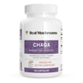 White bottle labeled "Real Mushrooms Organic Chaga Extract Capsules," containing 120 capsules of organic chaga mushroom extract dietary supplement for digestive and immune support.