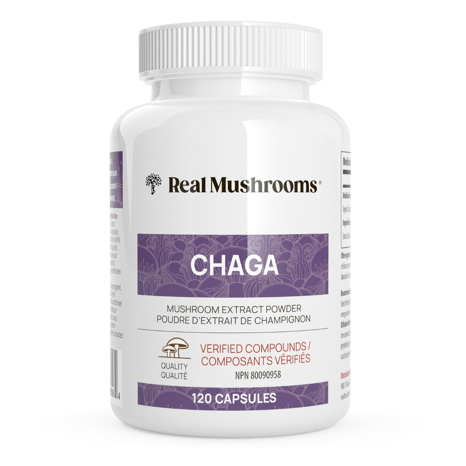 A white bottle labeled "Organic Chaga Extract Capsules" from Real Mushrooms contains 120 capsules. Made with organic chaga for immune support, the label highlights verified compounds and quality assurance marks.