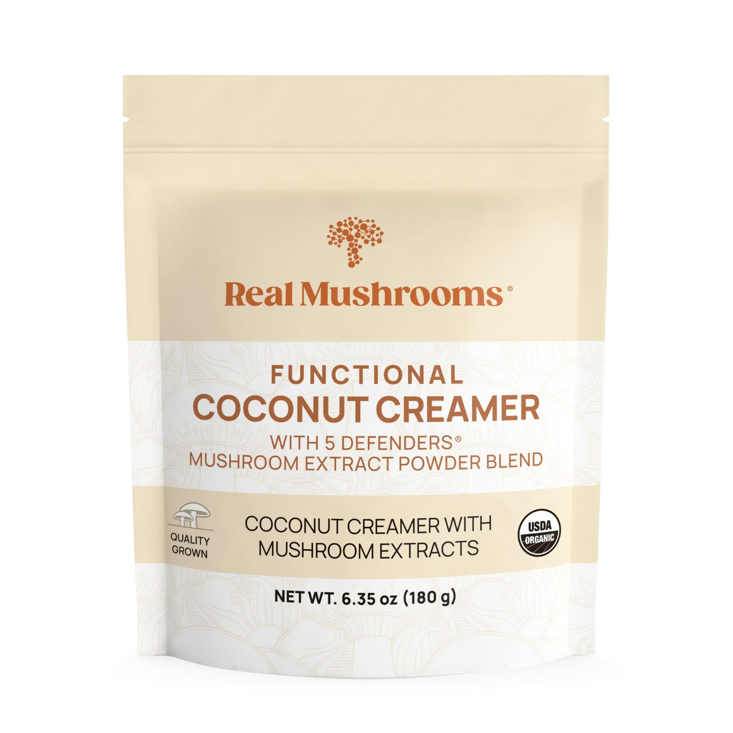 A beige pouch labeled "Real Mushrooms Functional Coconut Creamer - Powder" contains plant-based mushroom extracts, is USDA Organic certified, and has a net weight of 6.35 oz (180 g).
