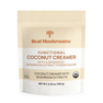 A beige pouch labeled "Real Mushrooms Functional Coconut Creamer - Powder" contains plant-based mushroom extracts, is USDA Organic certified, and has a net weight of 6.35 oz (180 g).