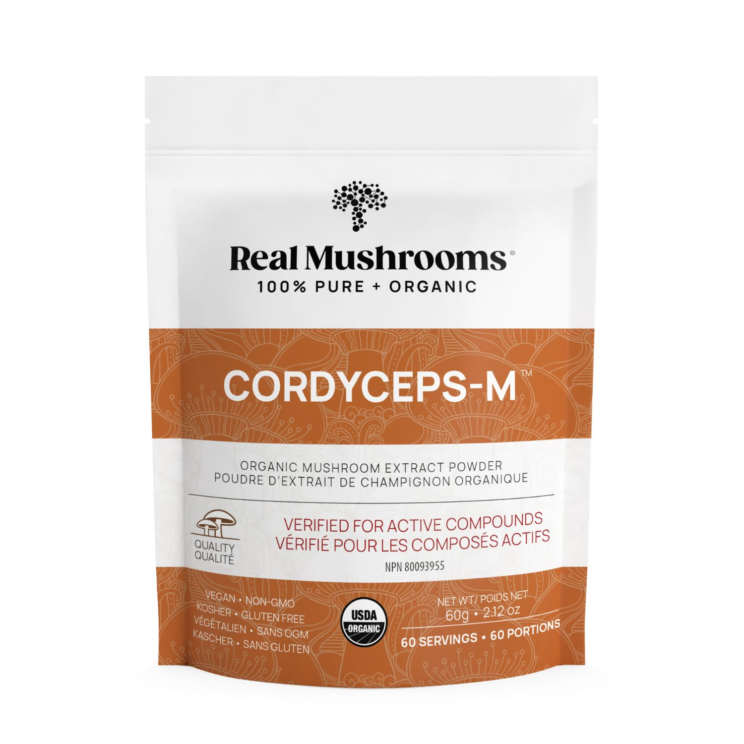 A white pouch of Real Mushrooms Organic Cordyceps Mushroom Extract Powder – Bulk Supplement, an energy supplement that’s non-GMO, gluten-free, USDA organic, and contains 60 servings.