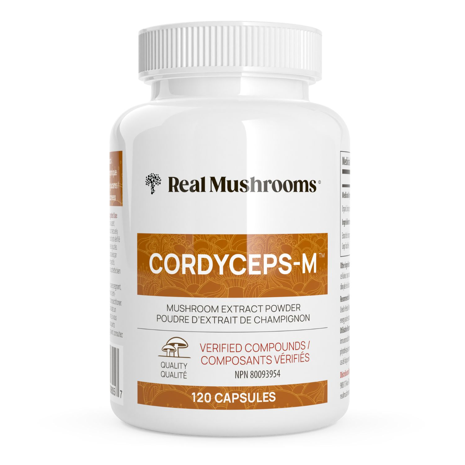 A white bottle labeled "Real Mushrooms Organic Cordyceps Extract Capsules" contains 120 capsules for energy and stamina support, highlights quality with verified compounds, and includes bilingual English and French text.