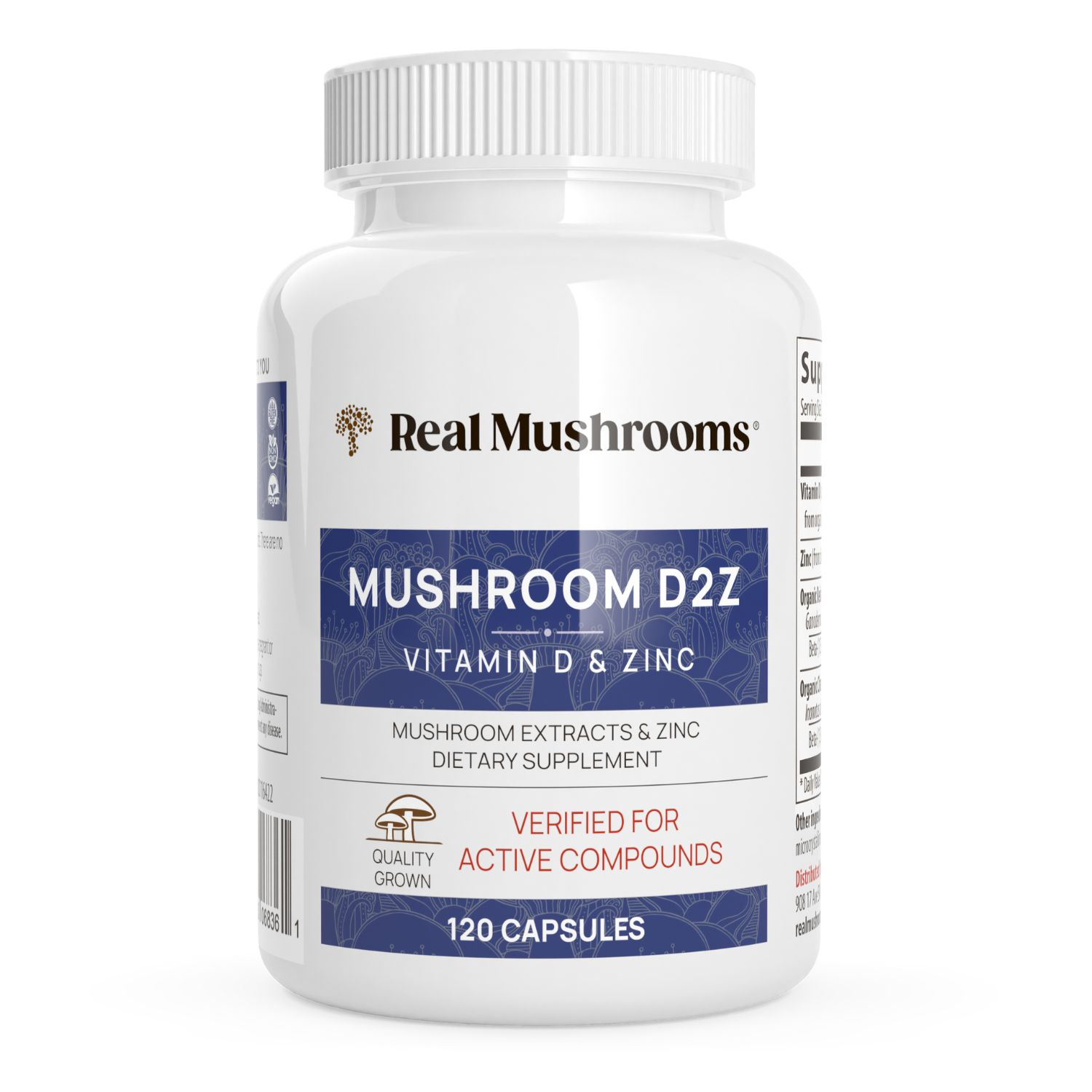 A white bottle of Real Mushrooms Mushroom D2Z dietary supplement contains 120 capsules with functional mushrooms for immune support.
