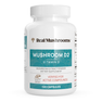 White bottle labeled "Real Mushrooms Vitamin D from Organic Mushrooms," with 120 capsules of mushroom-based vitamin D, featuring organic mushrooms and verified active compounds in each extract powder.
