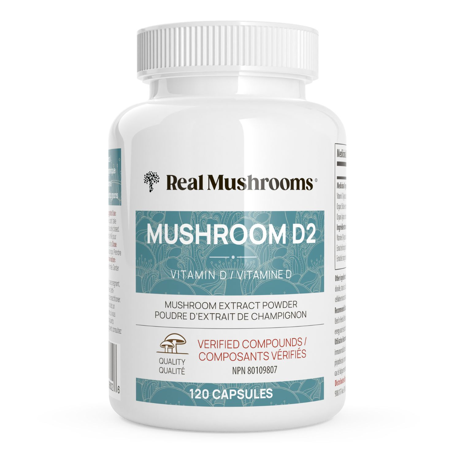 White bottle labeled "Real Mushrooms Vitamin D from Organic Mushrooms," containing 120 capsules with mushroom-based vitamin D from extract powder and quality assurance icons.