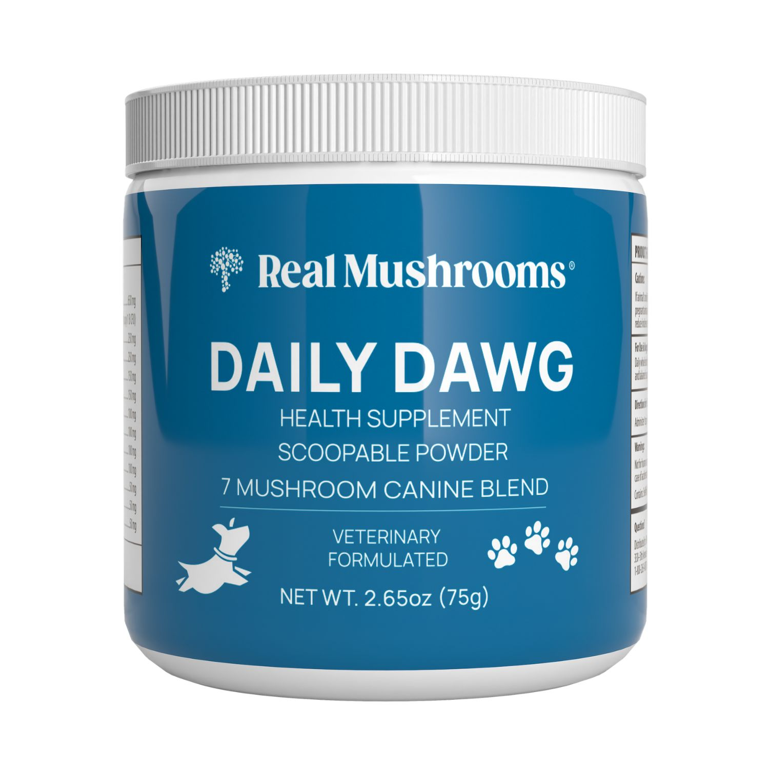 A blue container of Real Mushrooms Daily Dawg Powder for Pets, an organic 7-mushroom blend supplement for dogs, 2.65 oz (75g), scoopable powder, veterinary formulated to support canine wellness.