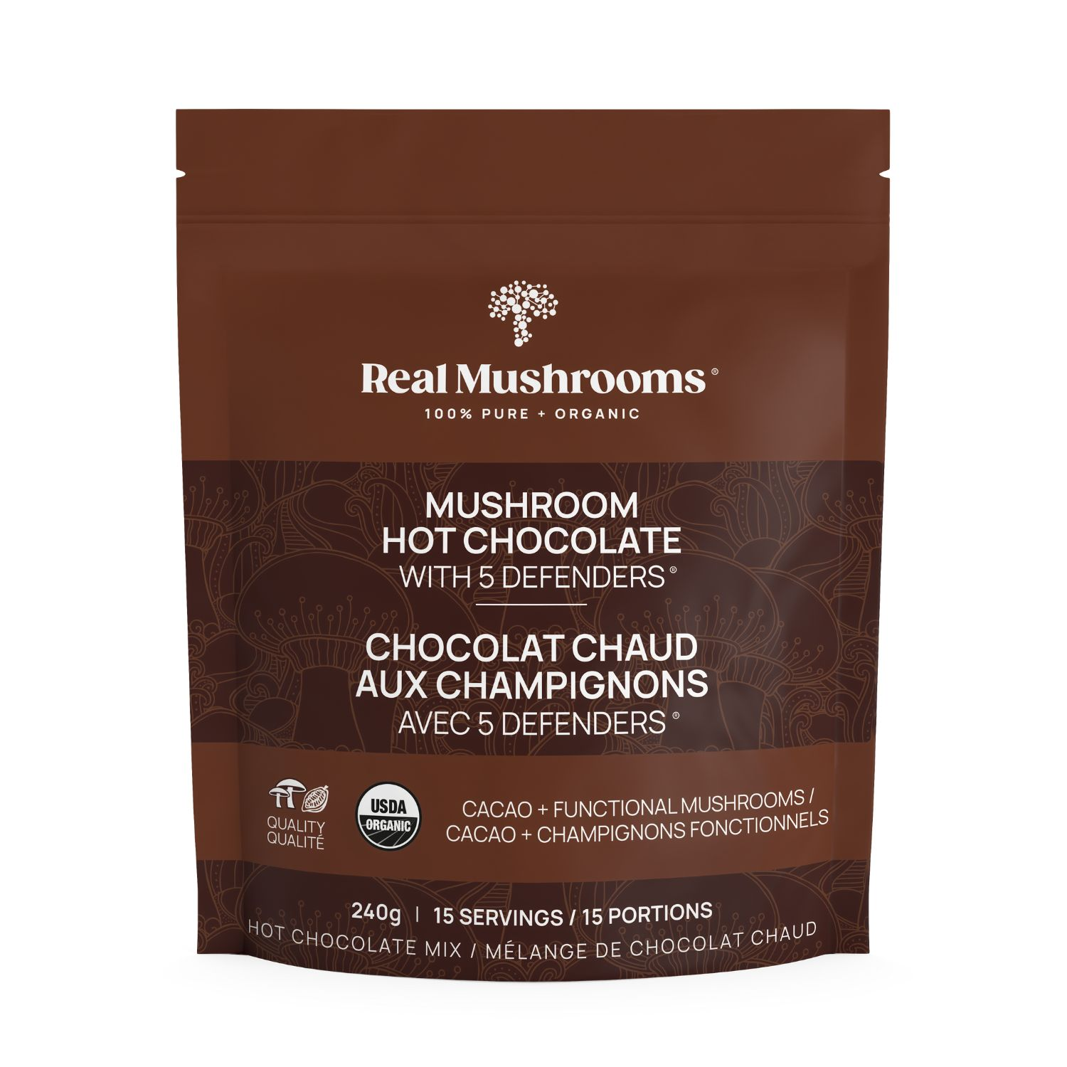 A brown resealable pouch labeled “Mushroom Hot Chocolate Mix” by Real Mushrooms, featuring vegan and organic certification icons and product details, highlights its mushroom cacao extract blend.