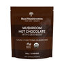 A brown package of Real Mushrooms’ Mushroom Hot Chocolate Mix features organic mushroom cacao, high-quality functional mushroom extract powder, and USDA organic certification.
