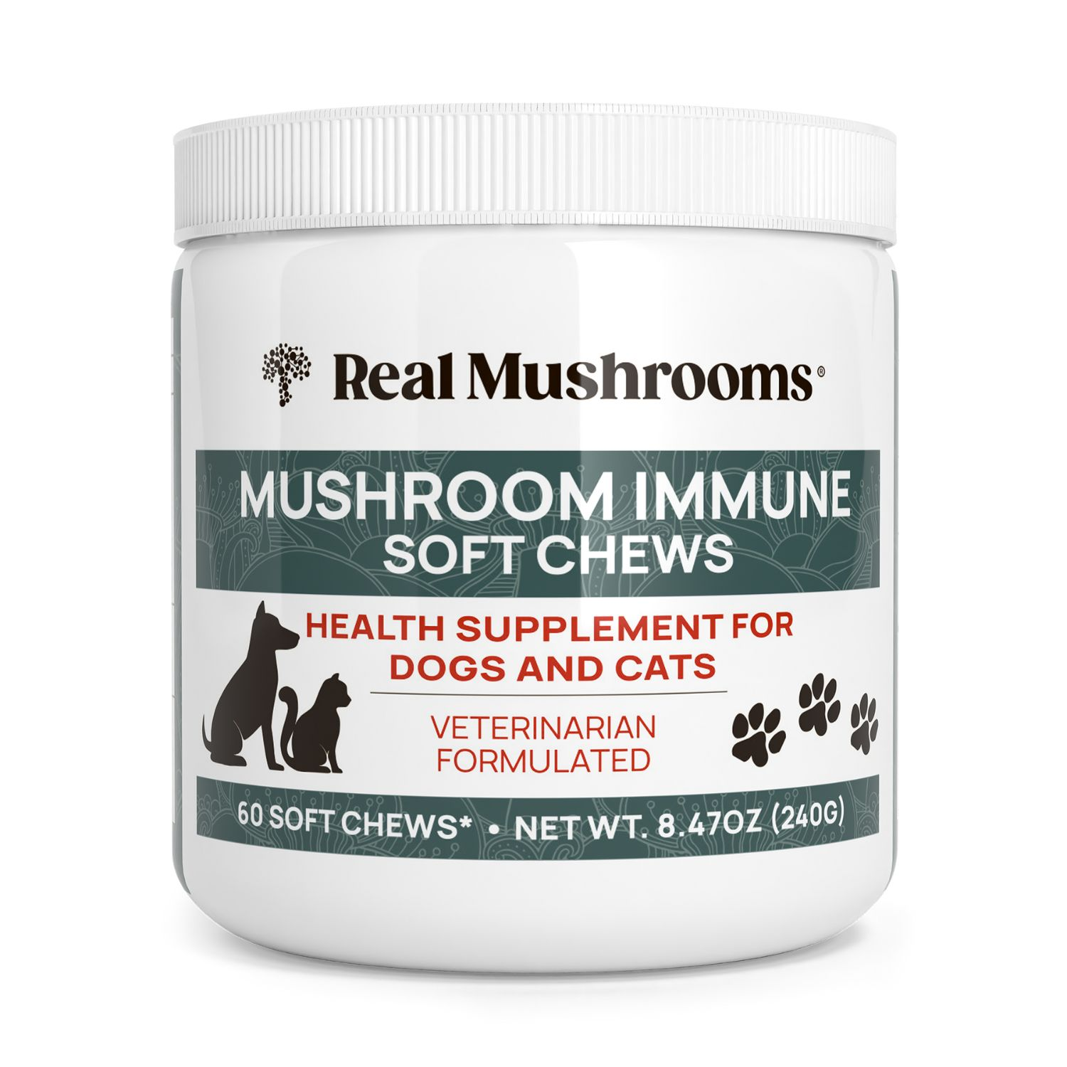A white container labeled "Real Mushrooms Mushroom Immune Pet Chews," a veterinarian-formulated supplement for dogs and cats, provides immune support with 60 chews (8.47 oz/240 g).