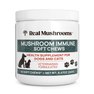 A white container labeled "Real Mushrooms Mushroom Immune Pet Chews," a veterinarian-formulated supplement for dogs and cats, provides immune support with 60 chews (8.47 oz/240 g).