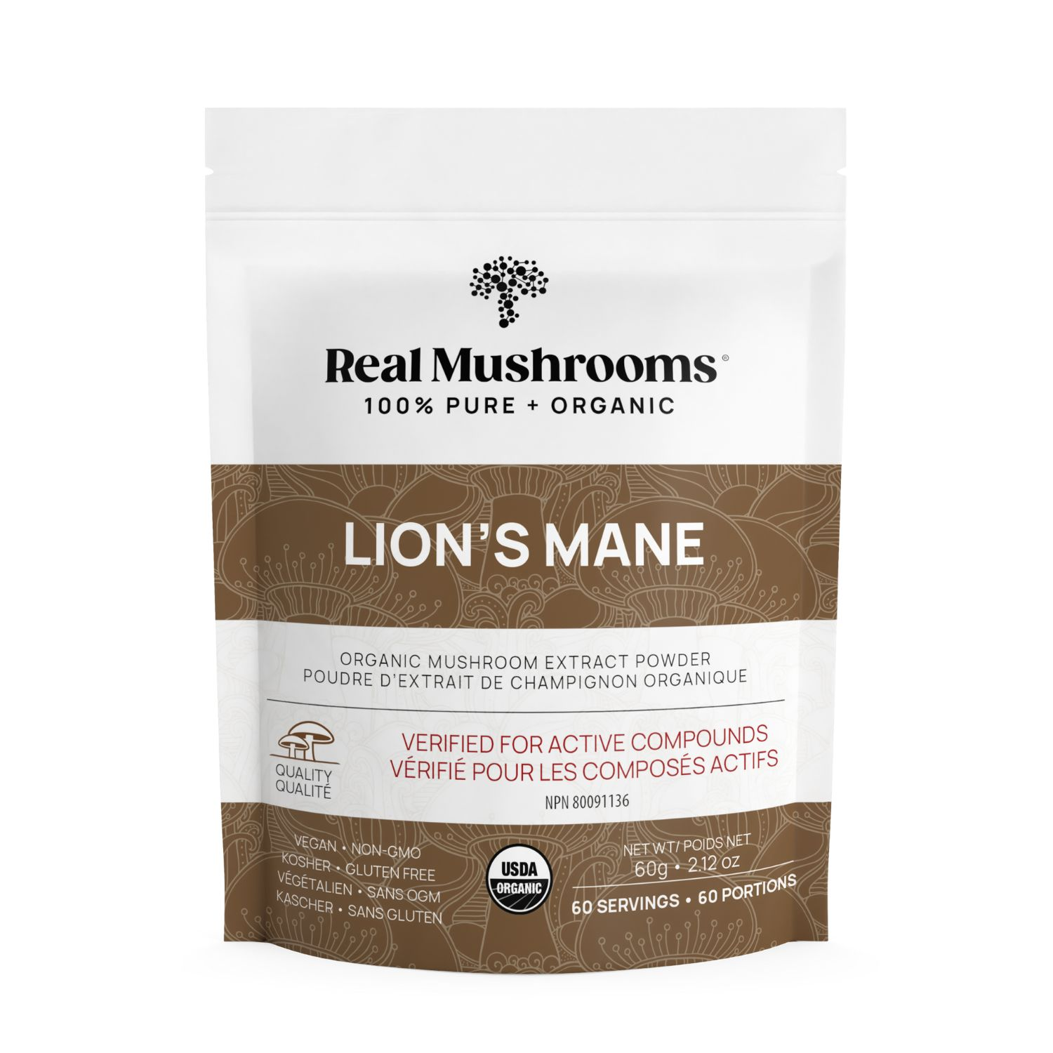 A white and brown pouch labeled "Real Mushrooms Lion’s Mane Mushroom Powder," featuring 60g of certified organic extract—providing 60 servings of a premium organic Lion’s Mane supplement per pack.