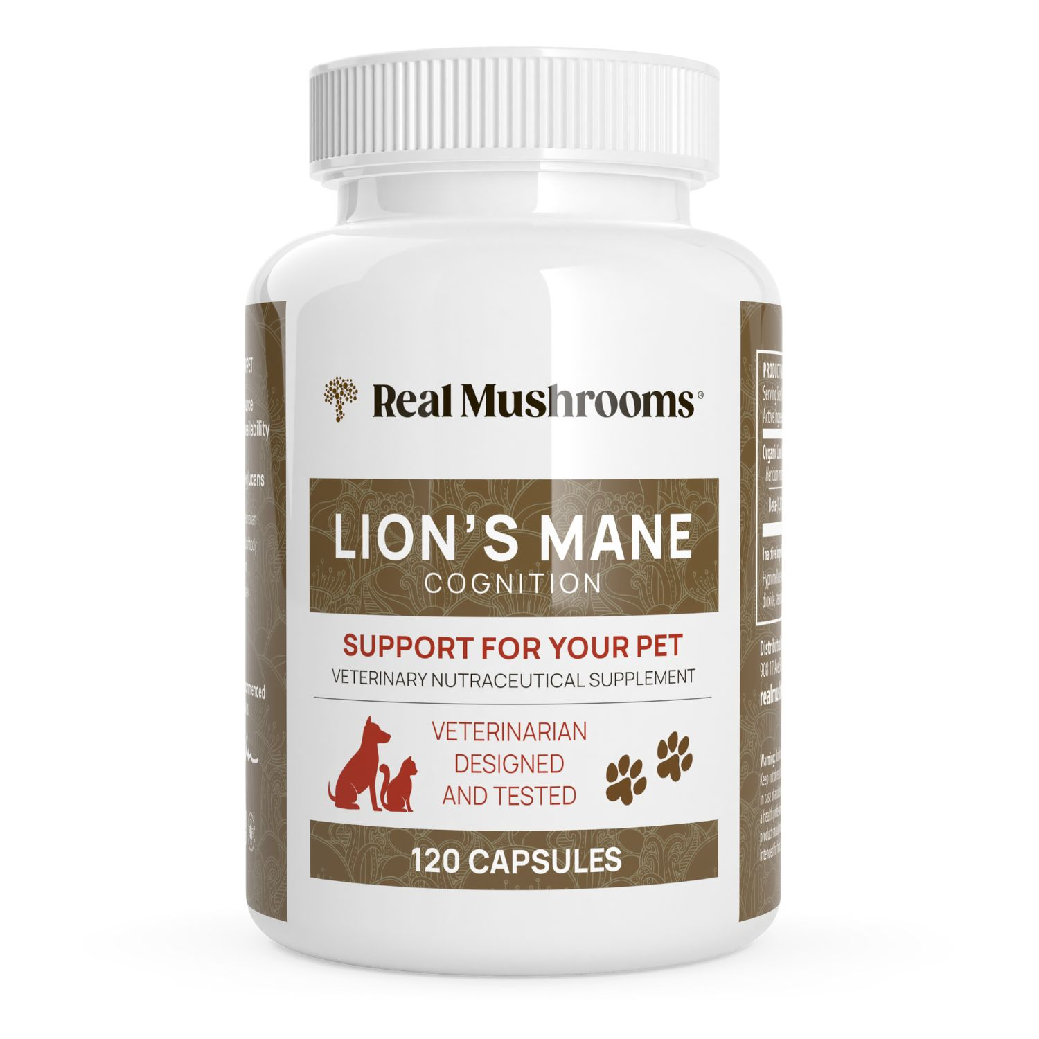 A white bottle labeled "Organic Lions Mane Extract Capsules for Pets" by Real Mushrooms, an organic supplement with 120 capsules, veterinarian designed and tested, featuring Lion's Mane mushrooms for pet cognitive support.