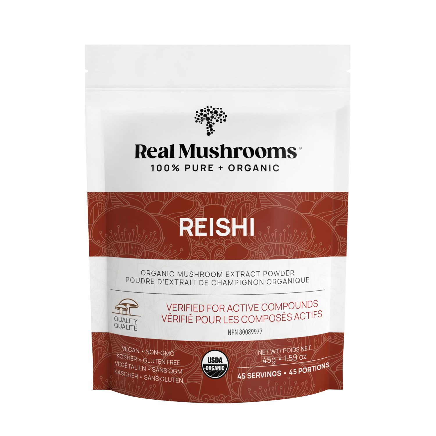 A white and red pouch labeled "Real Mushrooms Organic Reishi Mushroom Powder – Bulk Extract," featuring dual extracted reishi powder, is vegan, gluten-free, non-GMO, and USDA organic certified.
