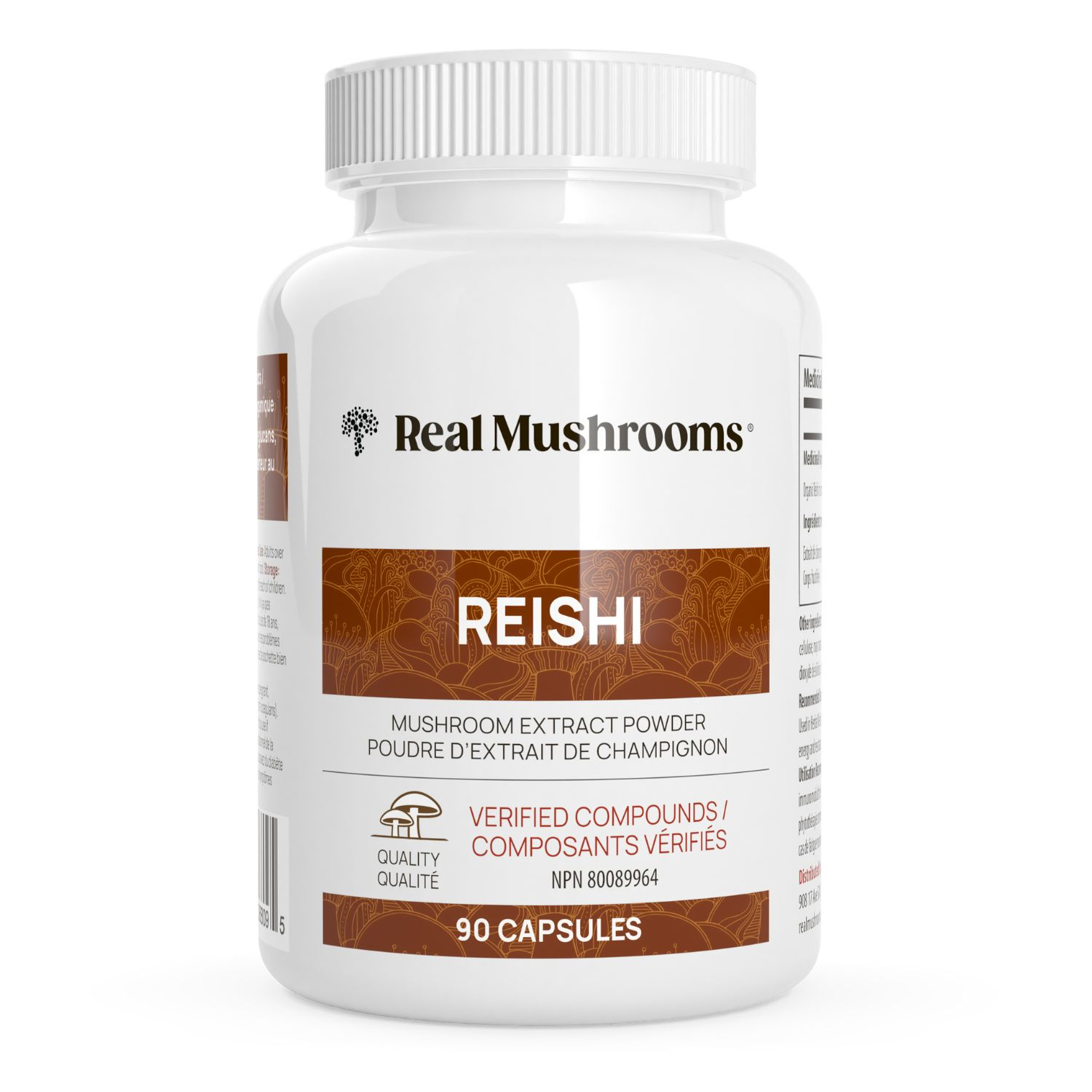 A white bottle labeled "Real Mushrooms Organic Reishi Mushroom Capsules" contains 90 dual-extracted capsules and features quality and verified compounds badges on the front.