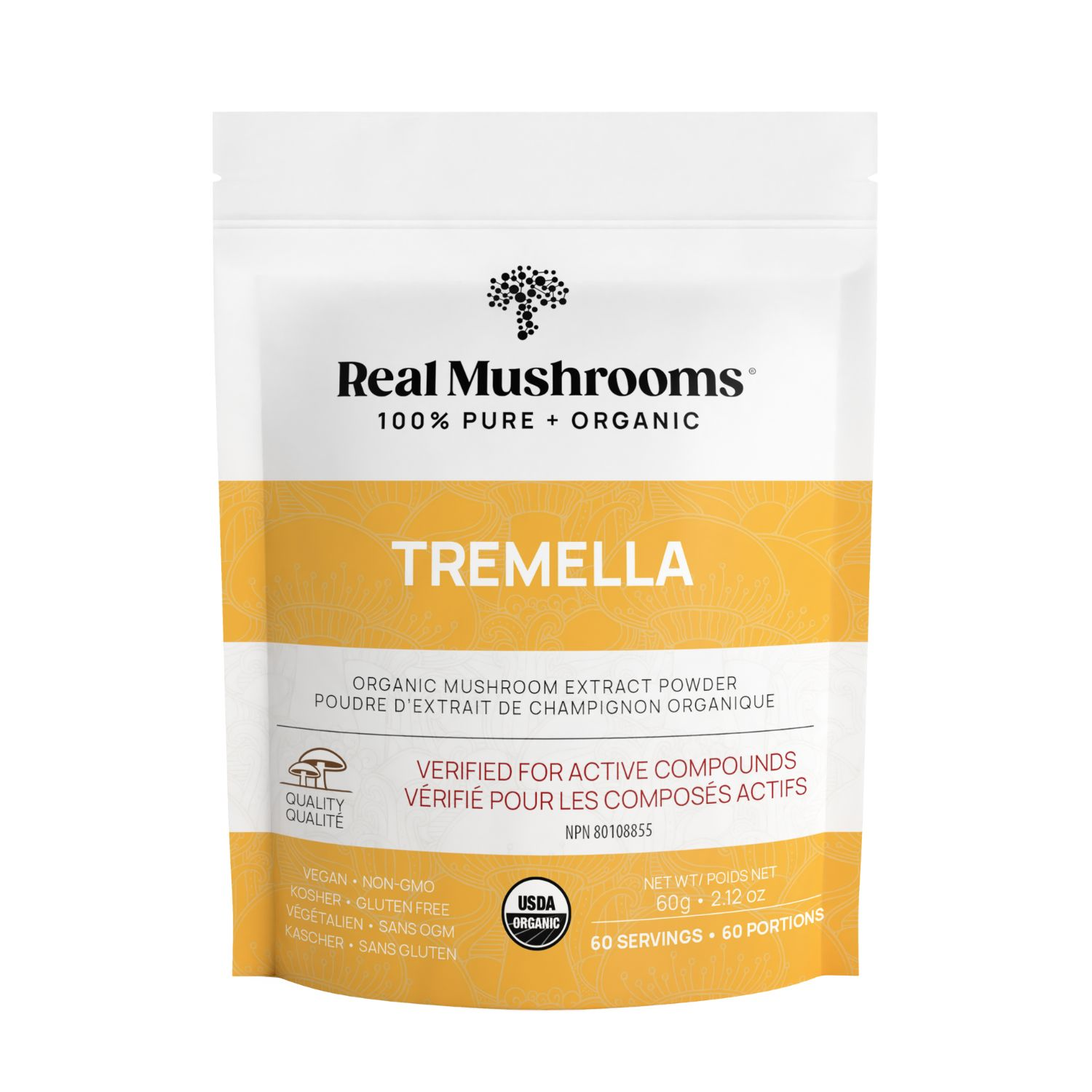 A white and yellow pouch labeled "Real Mushrooms Organic Tremella Extract Powder," 60g, USDA Organic and vegan certified, contains organic Tremella extract verified for active compounds to support skin, hair, and nail health.
