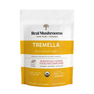 A white and yellow pouch labeled "Real Mushrooms Organic Tremella Extract Powder," featuring certified organic mushroom extract to support skin, hair, and nail health.