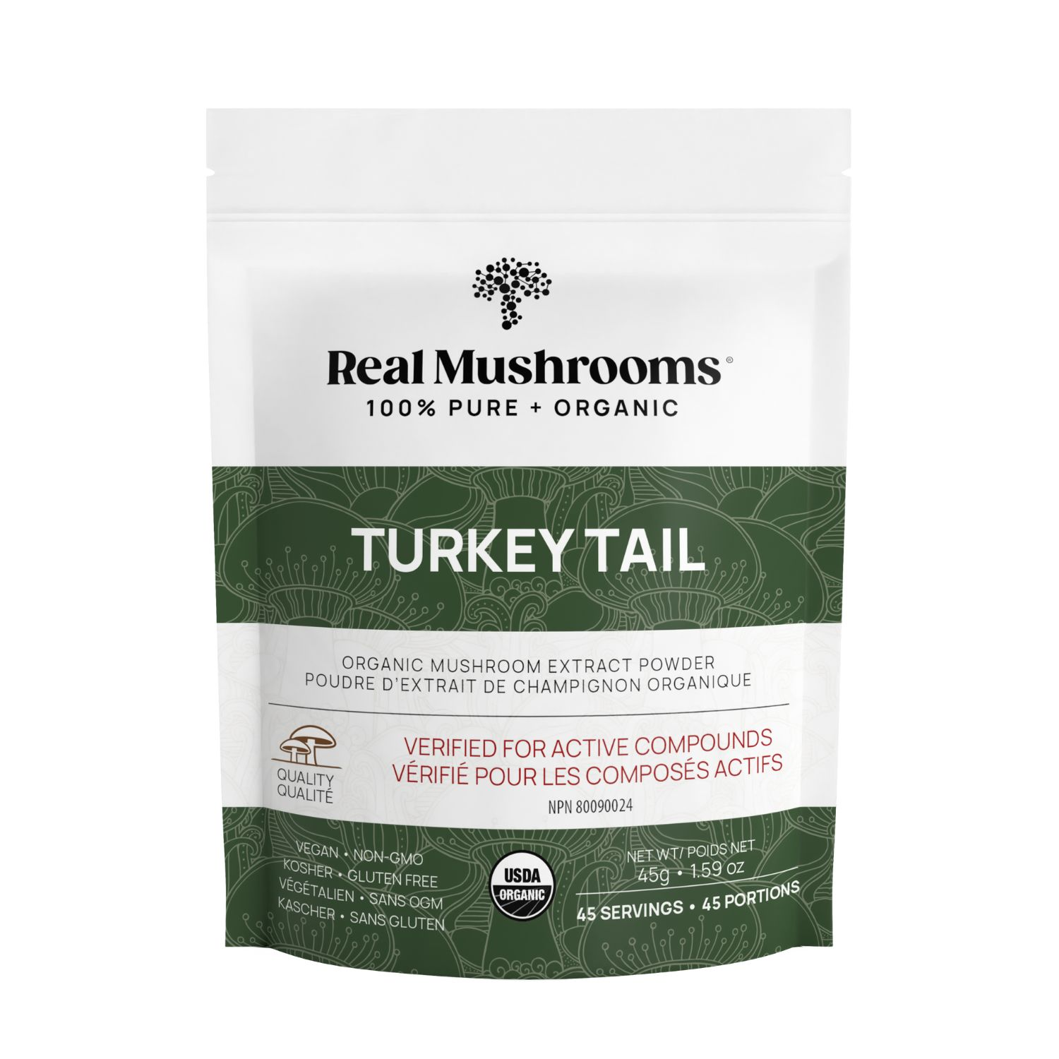 A white and green pouch labeled "Real Mushrooms Turkey Tail Extract - Bulk Powder," containing organic mushroom powder rich in beta-glucans for immune support, certified vegan, gluten-free, and organic.