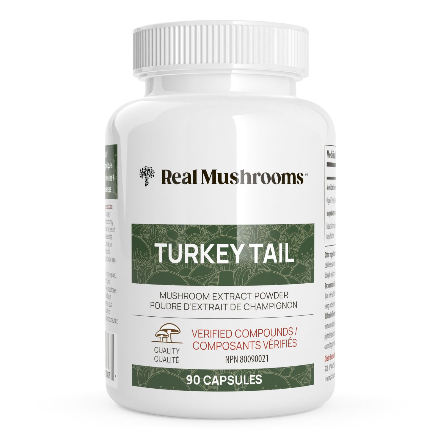 A white bottle labeled "Real Mushrooms Turkey Tail Mushroom Capsules" contains 90 capsules of extract powder with beta-glucans for immune support, featuring verification and quality logos on the front.