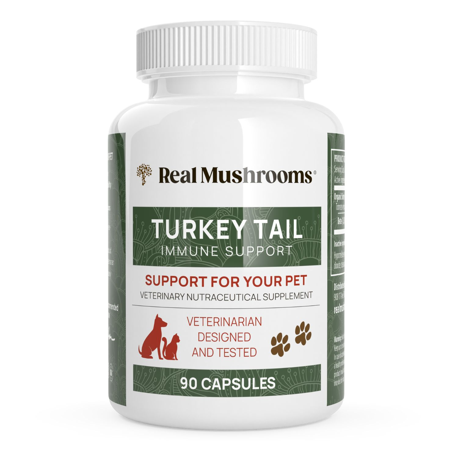 A white bottle labeled "Real Mushrooms Turkey Tail Extract Capsules for Pets," containing 90 capsules of organic turkey tail mushrooms, veterinarian-designed and tested, with dog and cat icons on the label.