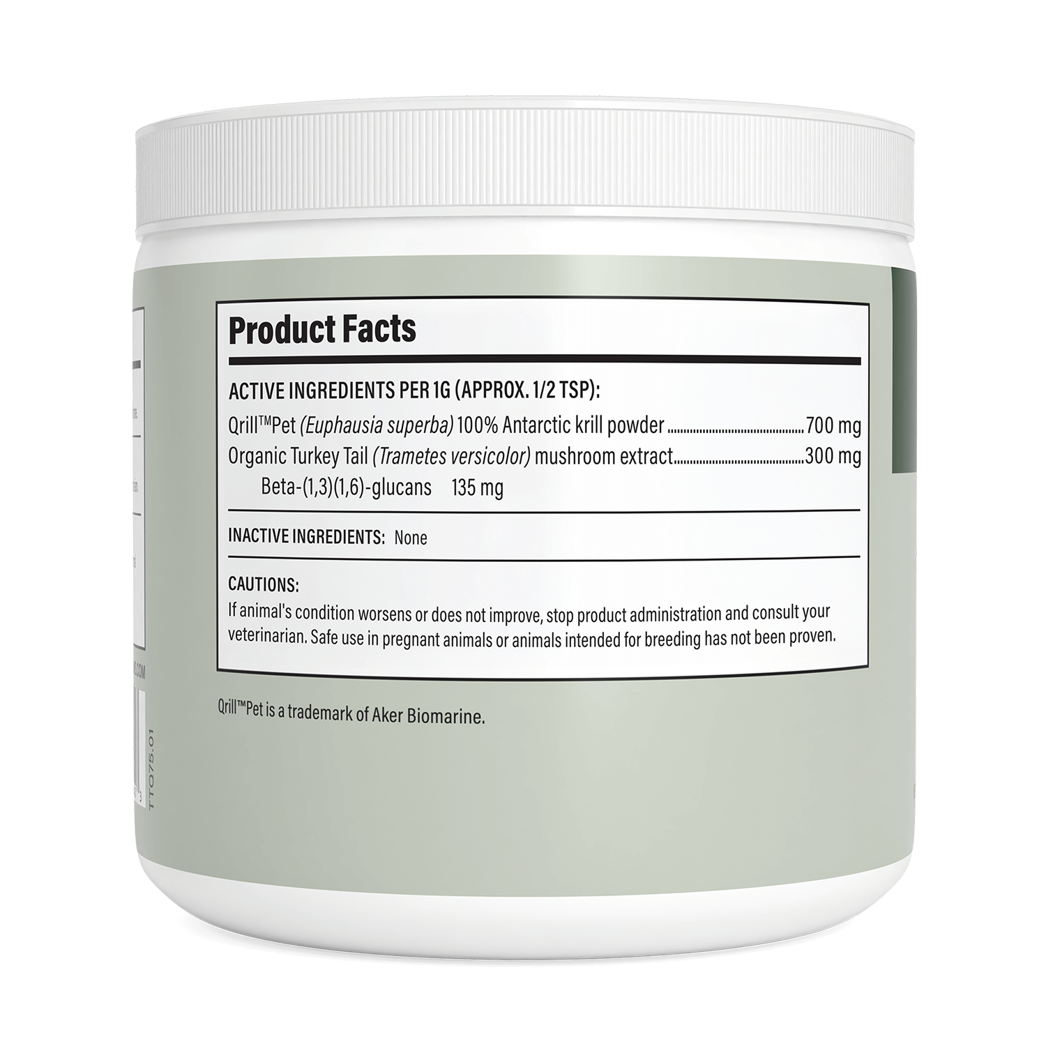 A white container labeled "Product Facts" for Real Mushrooms Turkey Tail with Qrill™Pet shows active ingredients—Antarctic krill powder, Turkey Tail mushroom extract, and Beta-glucans—plus caution and trademark info for pet immune support.