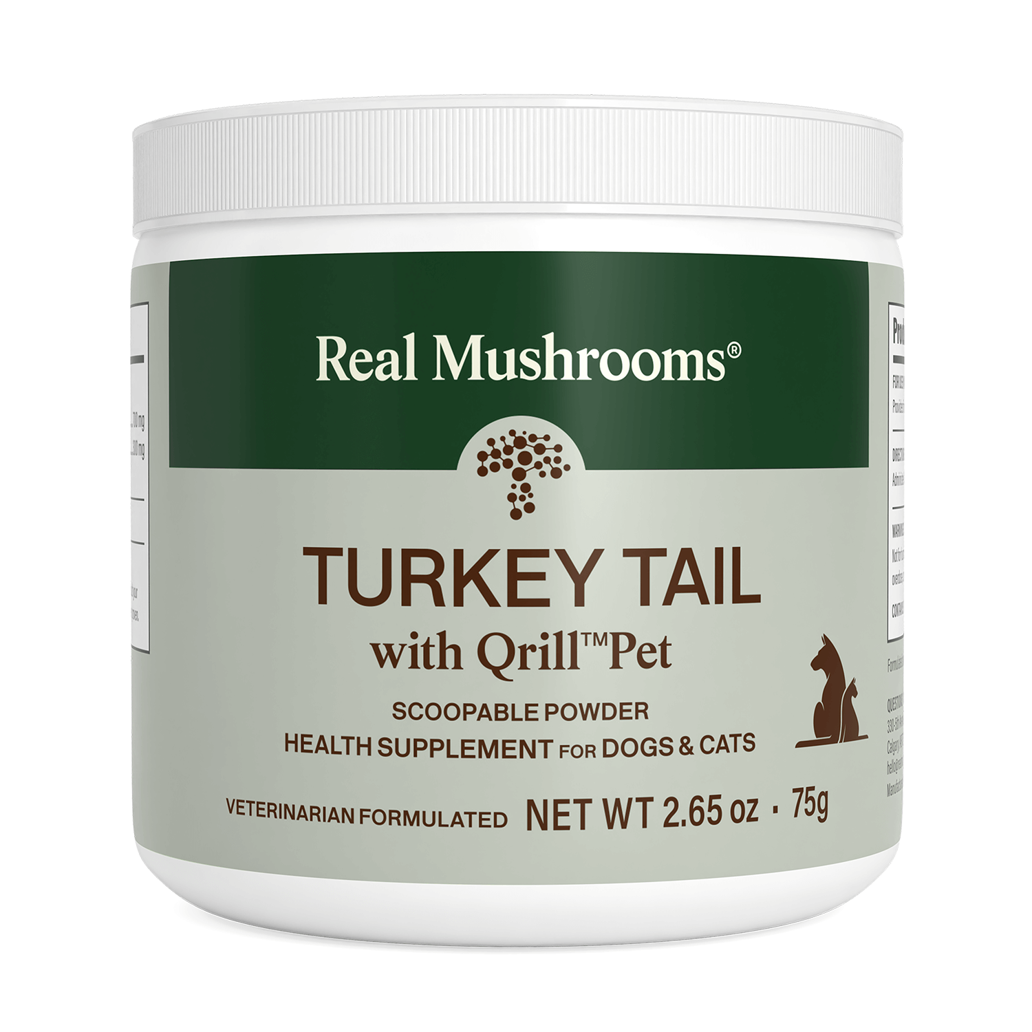 A 2.65 oz (75g) white container of Real Mushrooms Turkey Tail with Qrill™Pet, a scoopable powder supplement featuring turkey tail mushroom for immune support in dogs and cats.