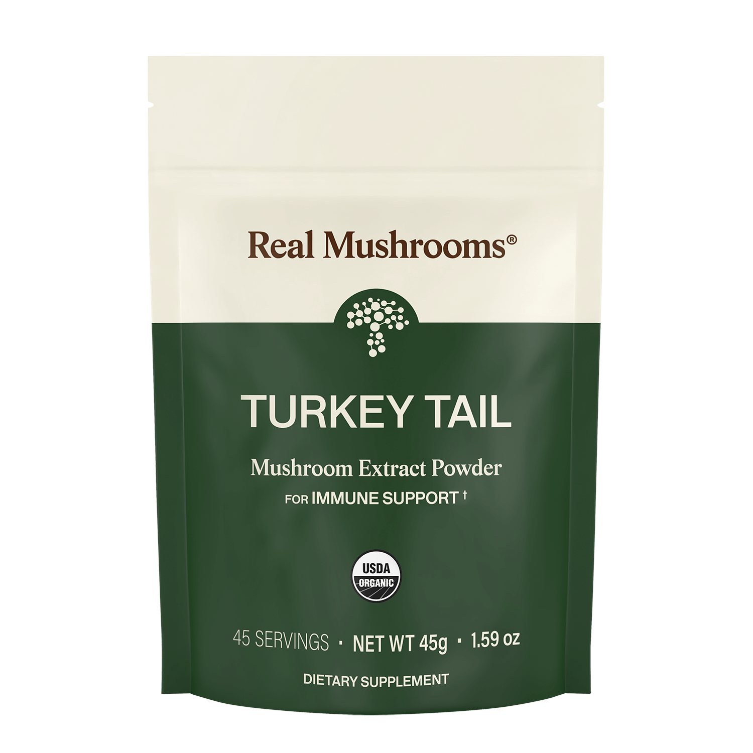 A 45g bag of Real Mushrooms Turkey Tail Extract - Bulk Powder, USDA organic dietary supplement from organic Turkey Tail mushrooms, labeled for immune support with 45 servings (1.59 oz).