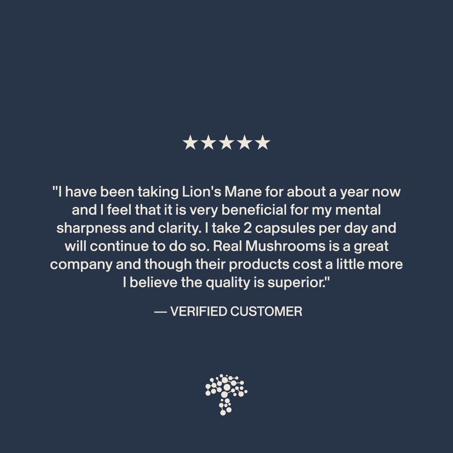 A customer gives Lion’s Mane Focus by Real Mushrooms five stars, praising its mental sharpness and cognitive support. Though priced higher, they highlight its superior quality. Features Real Mushrooms logo.