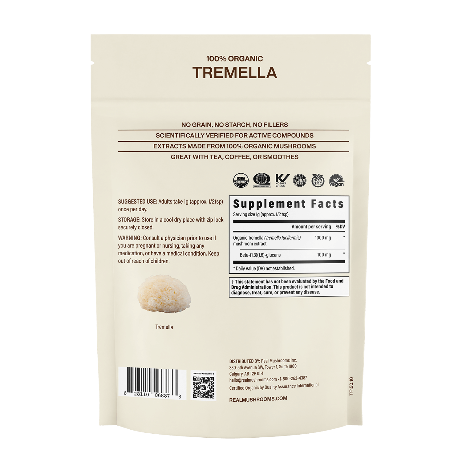 Back of a Real Mushrooms Organic Tremella Extract Powder pouch displays product details, suggested use, warning, ingredients, beta-glucans content, supplement facts, and an image of the mushroom known for skin, hair & nail support.