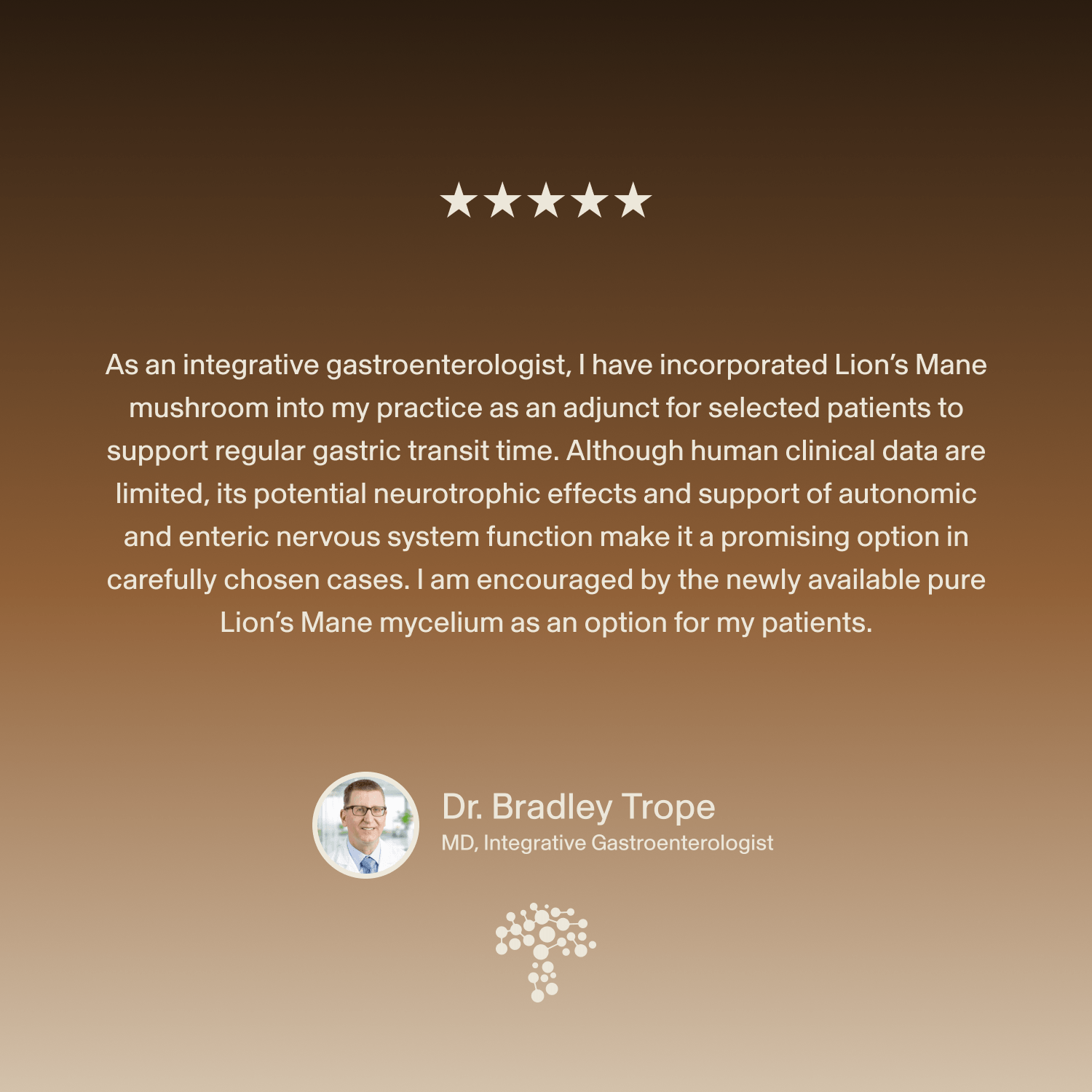 A five-star testimonial quote about the positive effects of Real Mushrooms Complete Mind & Body Bundle on brain health is displayed in gastroenterology, above Dr. Bradley Trope’s name and photo, set against a brown background.
