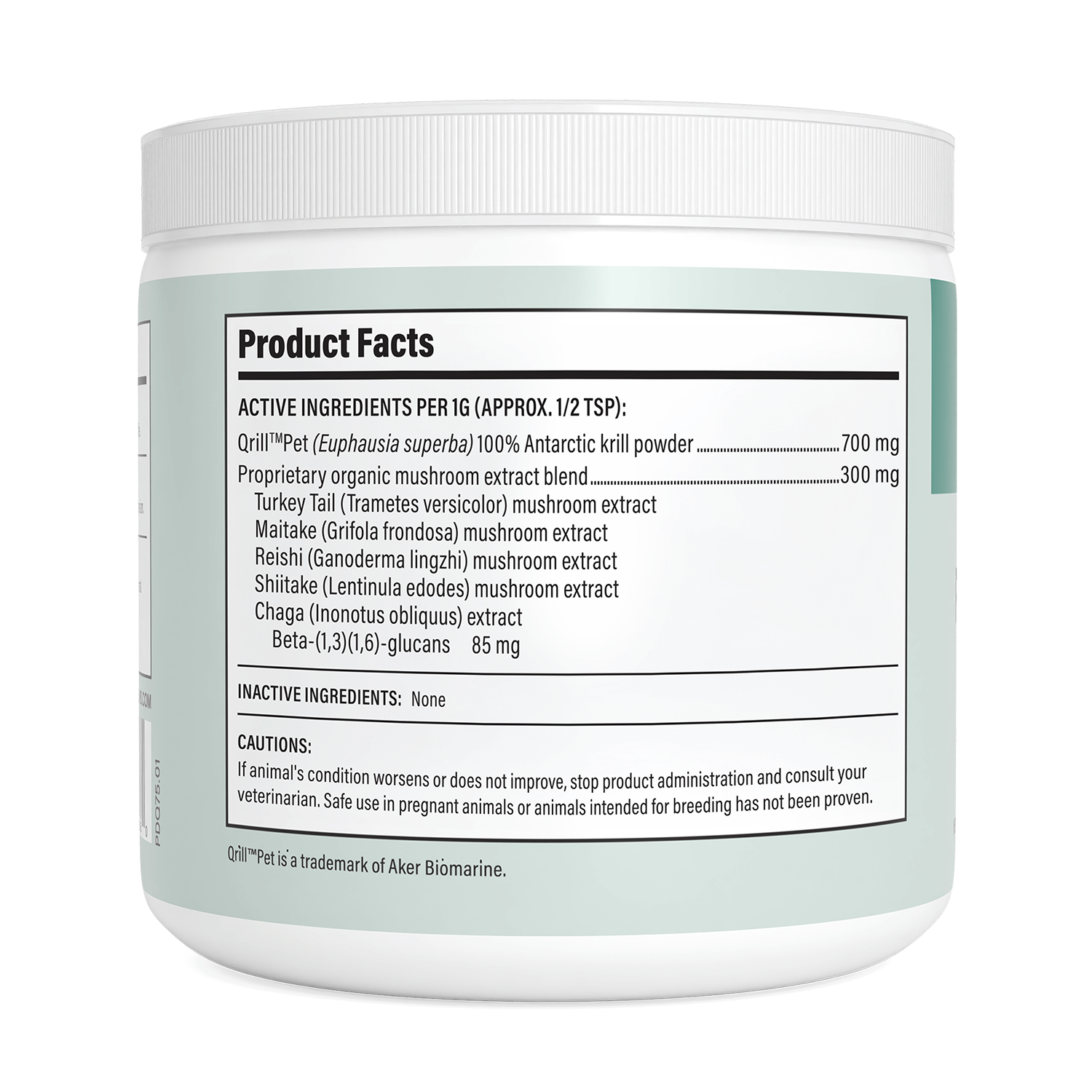 White container with a green label listing active ingredients per 1g, dosage, and cautions. Pet Defenders with Qrill™Pet by Real Mushrooms is an organic mushroom supplement for antioxidant protection and immune support for pets.