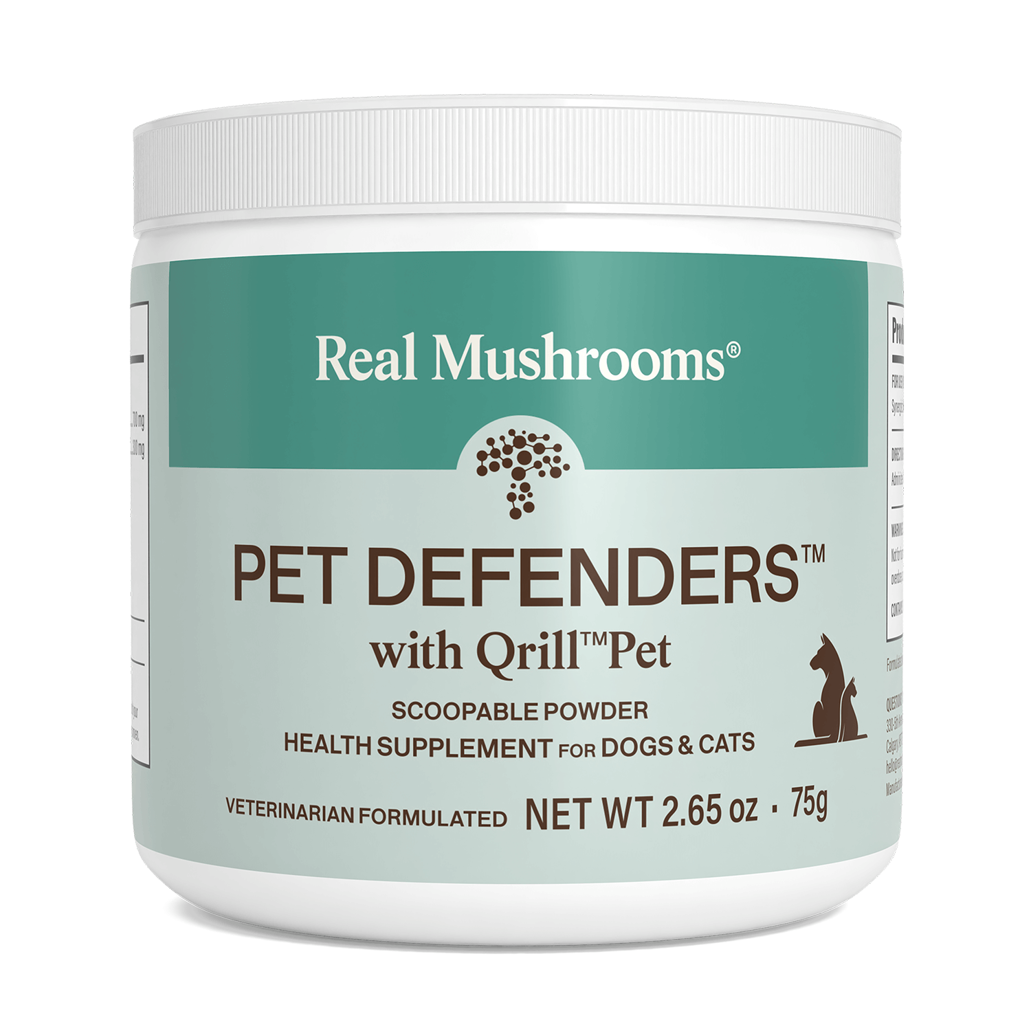 Real Mushrooms Pet Defenders with Qrill™Pet, a 2.65 oz (75g) organic mushroom powder supplement for dogs and cats, provides antioxidant and immune support; veterinarian-formulated for pets.