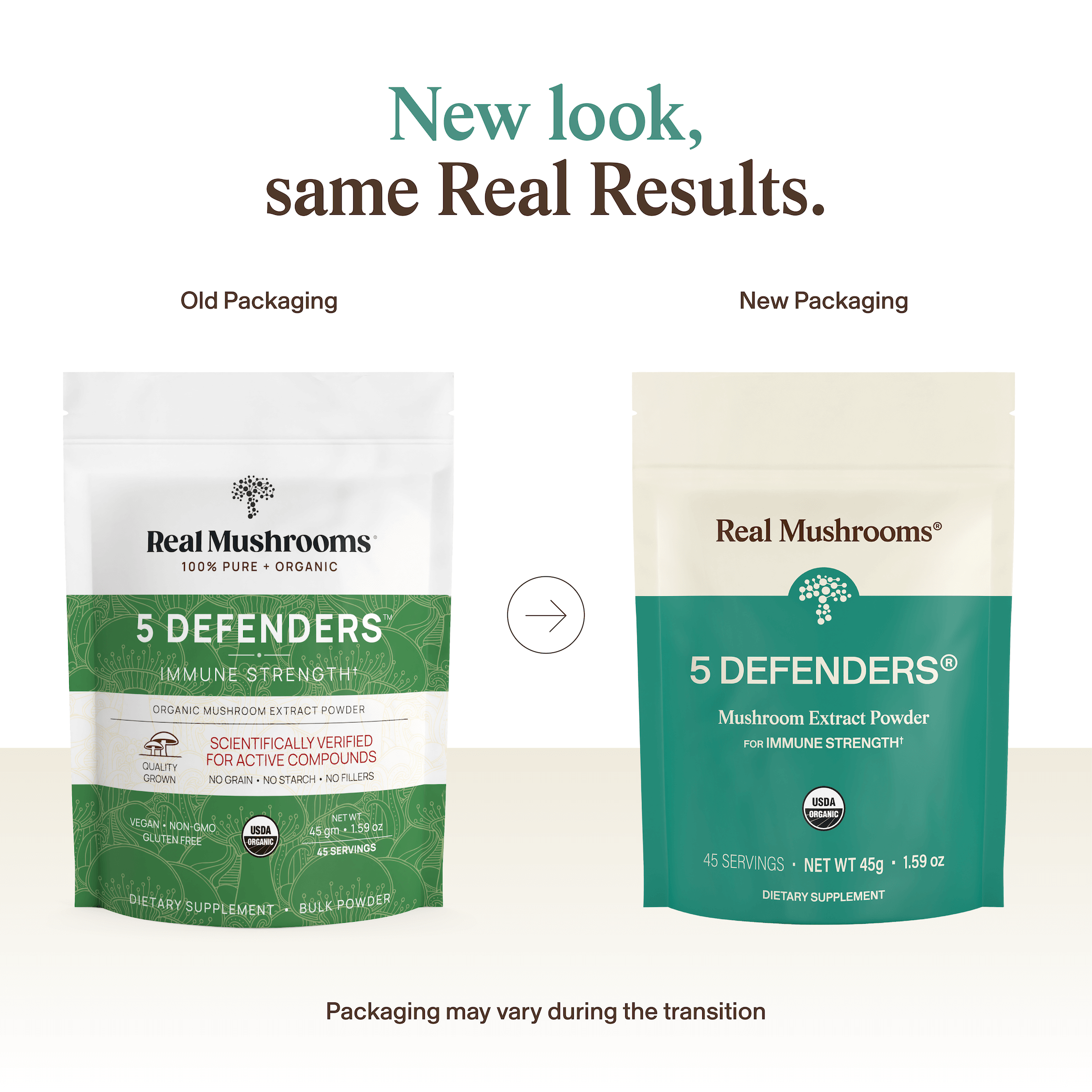 Comparison of old and new packaging for Real Mushrooms 5 Defenders® Organic Mushroom Complex – Bulk Powder. Packaging may vary while we transition to updated designs.