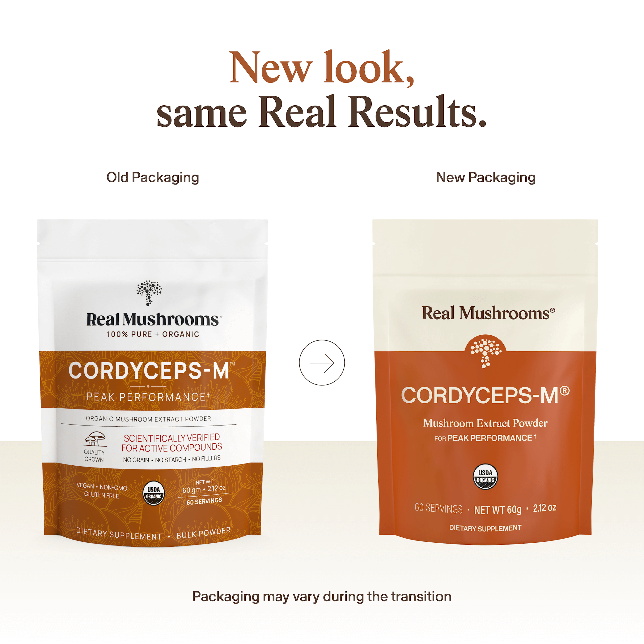 Side-by-side comparison of old and new packaging for Real Mushrooms Organic Cordyceps-M® Mushroom Extract Powder – Bulk Supplement, with a note that packaging may vary during the transition.
