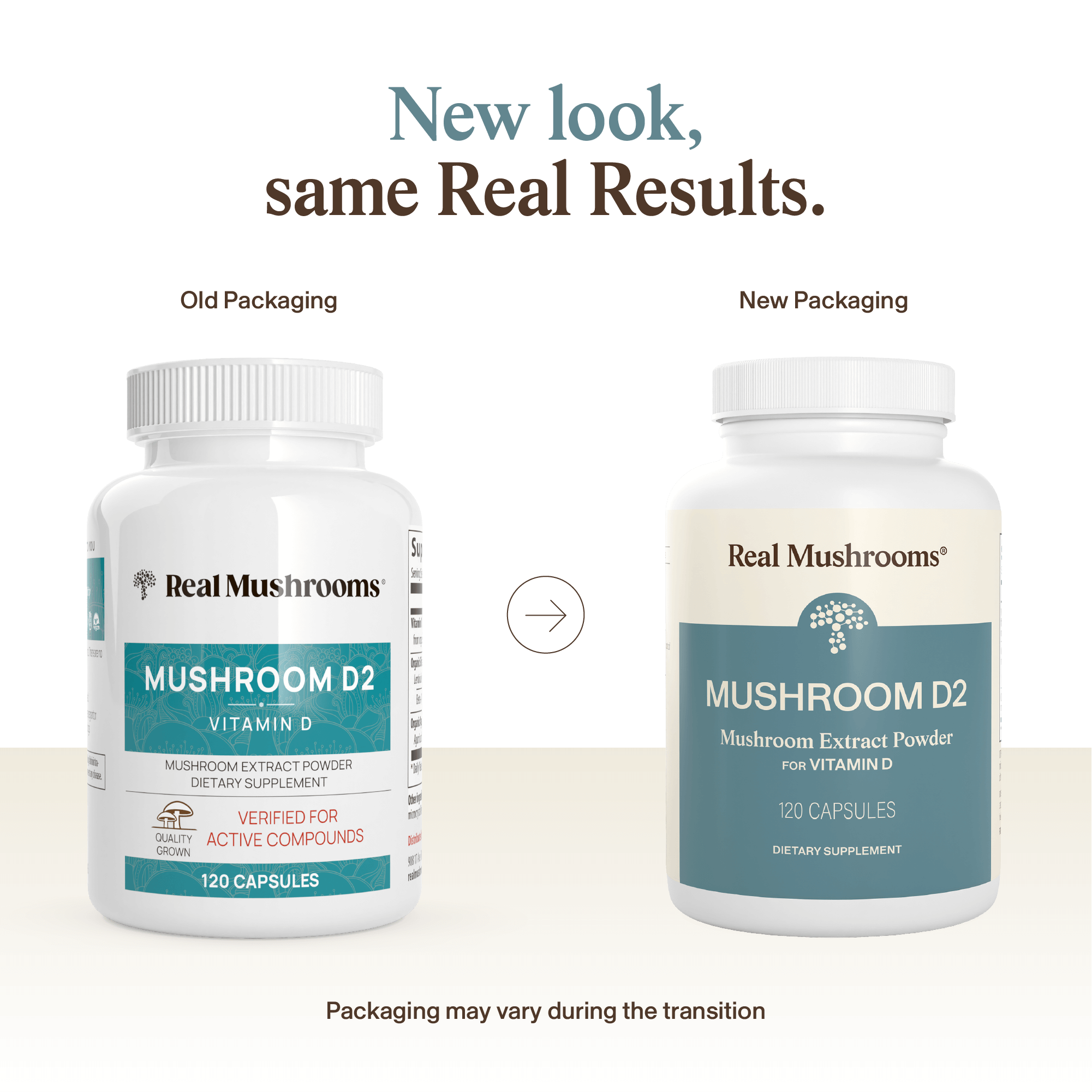 Two bottles of Real Mushrooms Vitamin D from Organic Mushrooms show old and new packaging side by side, with a note that packaging may vary during the transition.