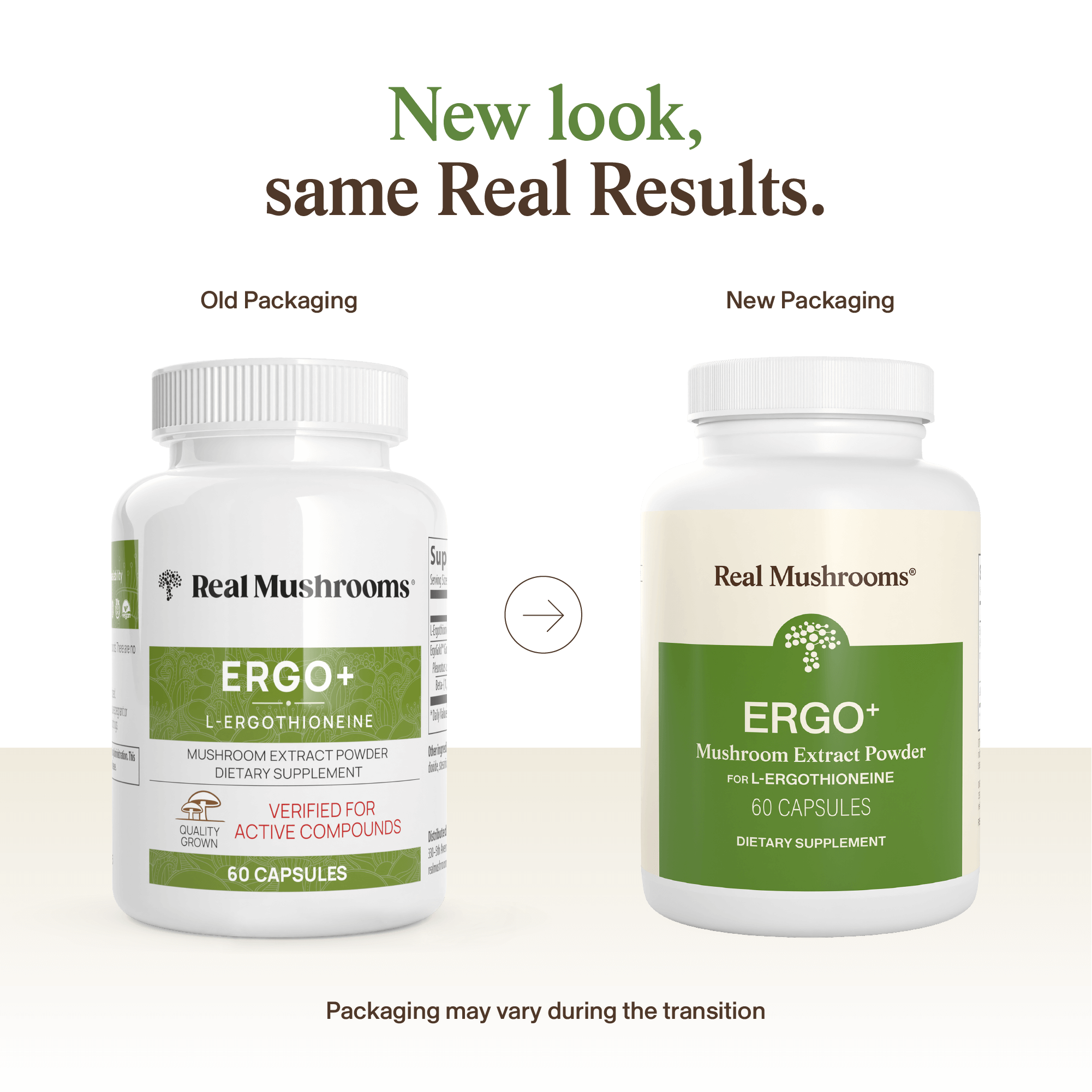 Two bottles of Real Mushrooms Ergo+ Ergothioneine Supplement are shown side by side, displaying old and new packaging. Sourced from golden oyster mushrooms, this antioxidant supports your well-being.