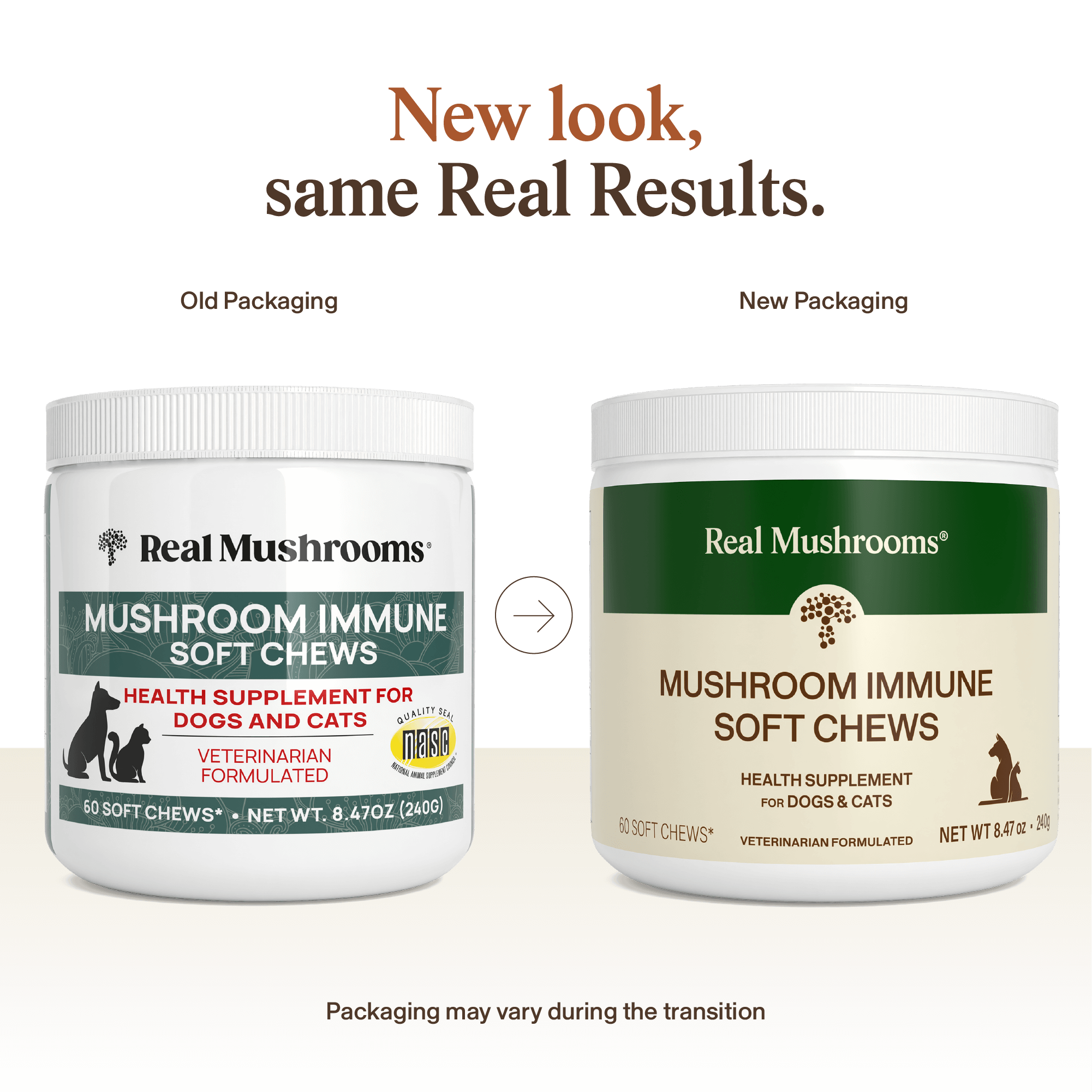 Side-by-side comparison of old vs. new packaging for Real Mushrooms' Mushroom Immune Pet Chews, highlighting a label update on their grain-free supplement for immune support in dogs and cats.