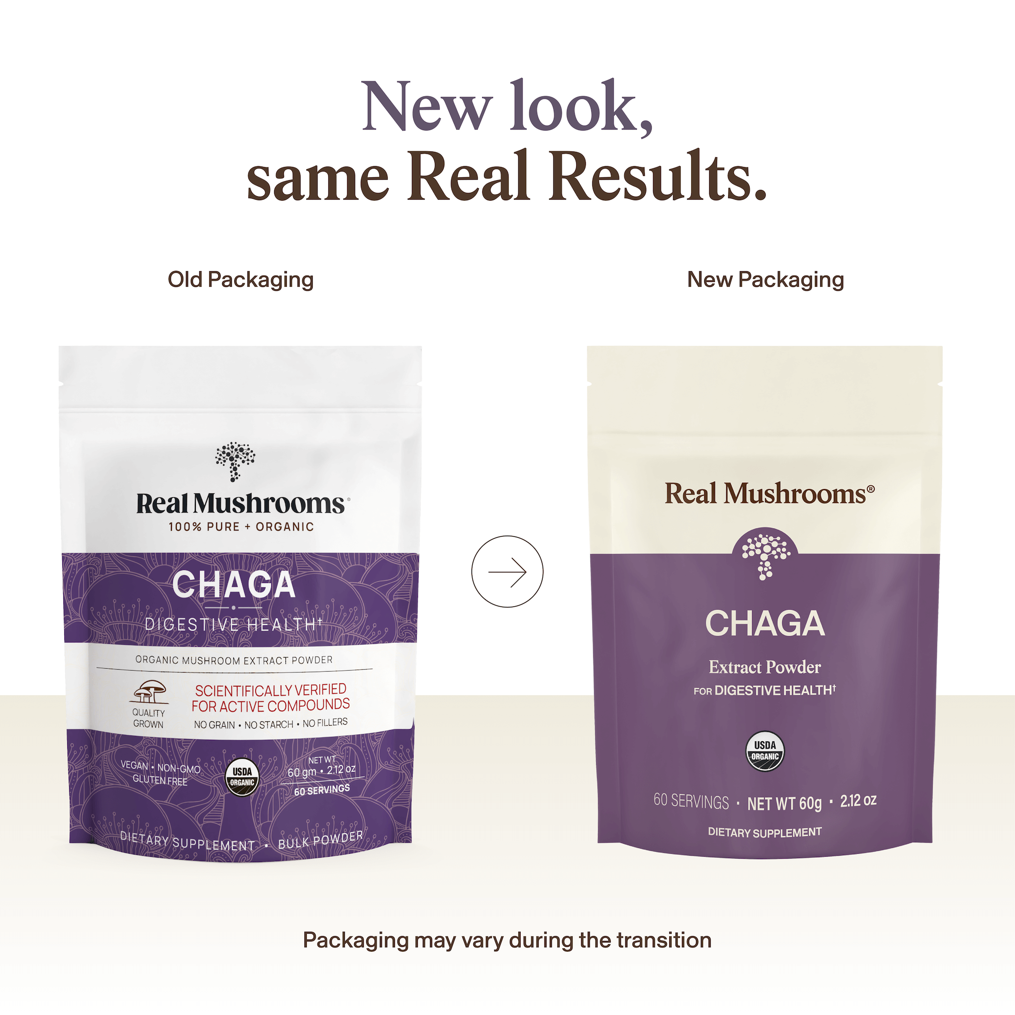 Side-by-side comparison of Real Mushrooms Organic Chaga Extract Powder’s old and new packaging, featuring the updated design focused on immune health, with a note that packaging may vary during the transition.