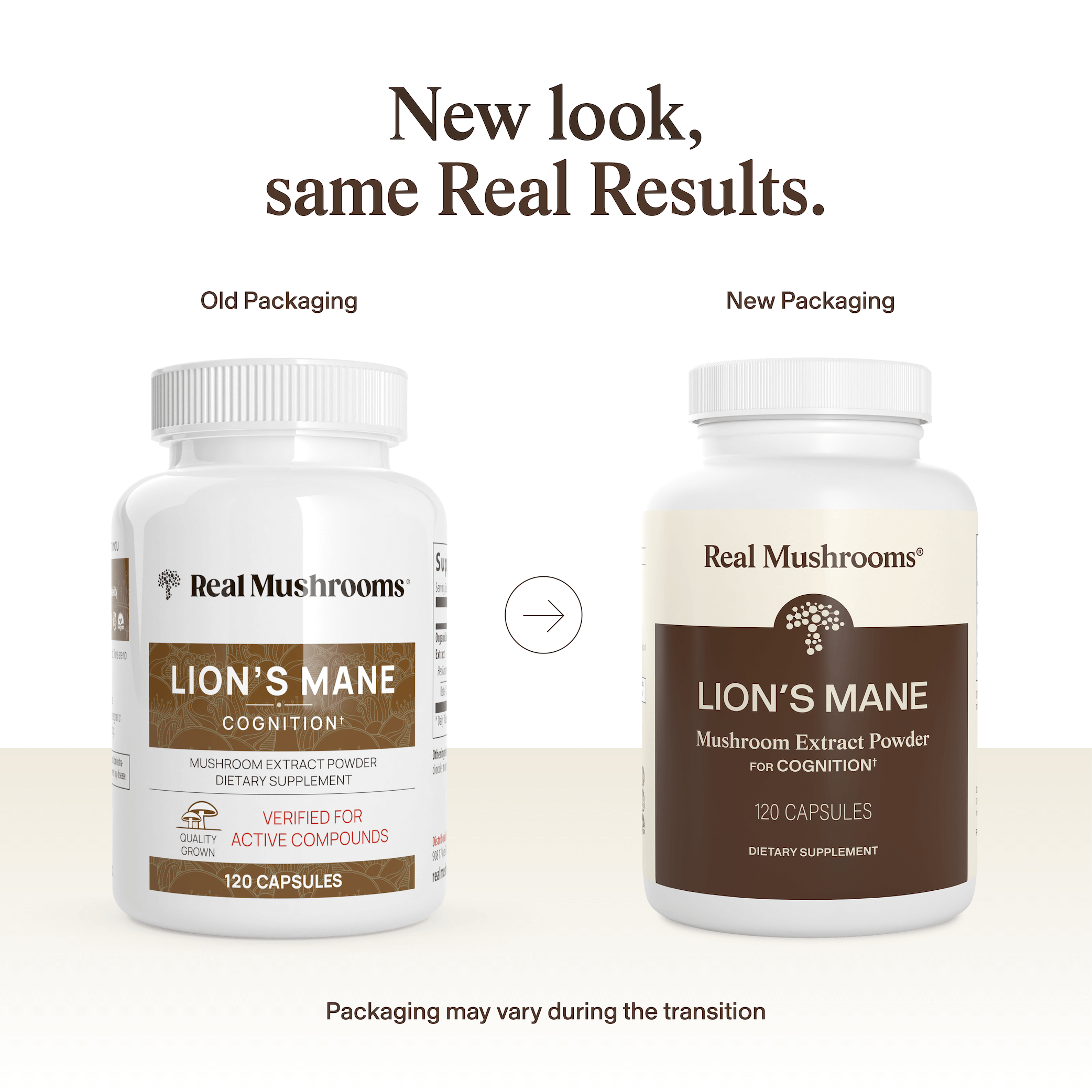 Two bottles of Real Mushrooms Organic Lion's Mane Extract Capsules are shown, displaying a new packaging design on the right compared to the old one on the left, with both featuring organic mushrooms for improved immune health.