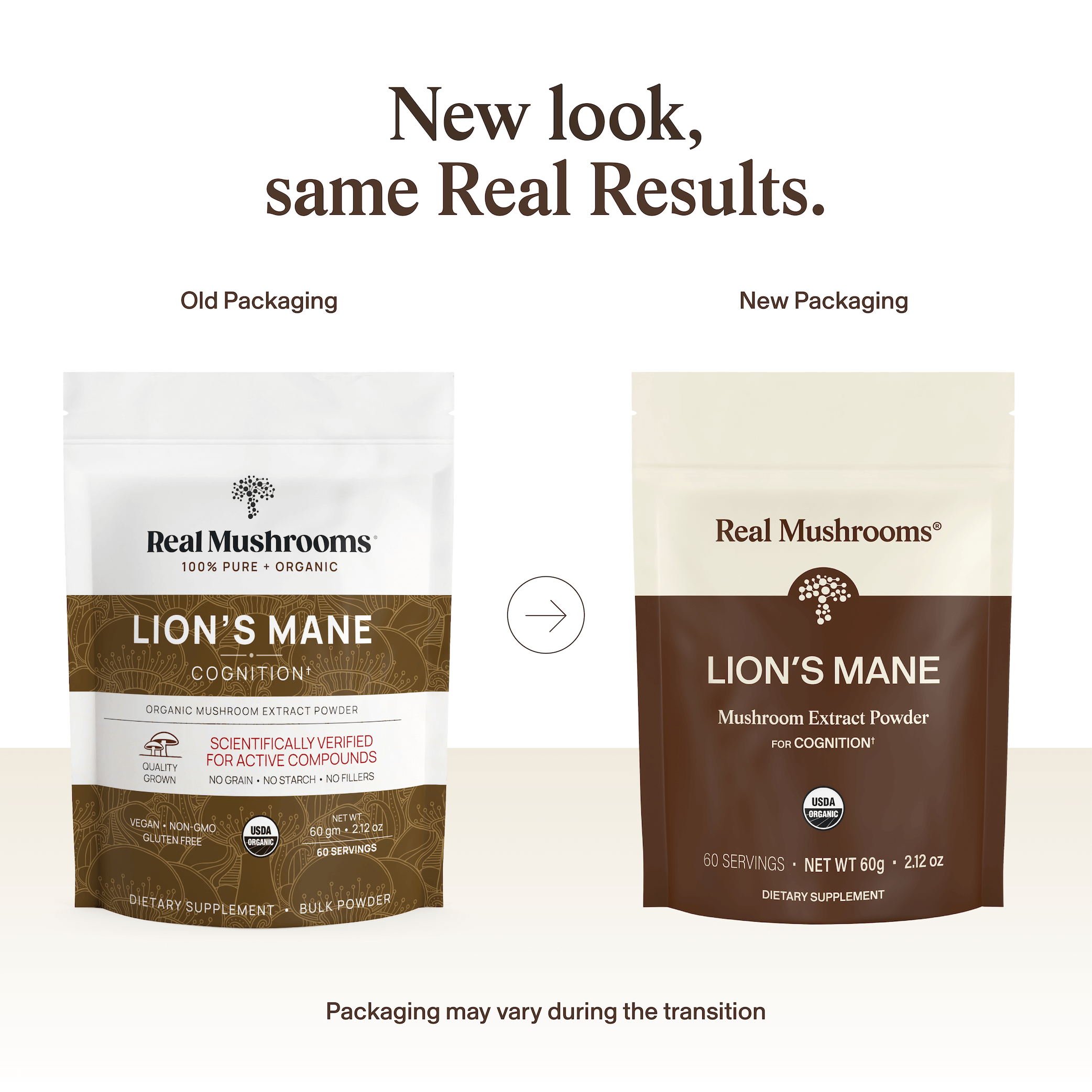 See the old and new packaging for Real Mushrooms Lion’s Mane Mushroom Powder, featuring a refreshed design but similar product details, plus a note about possible packaging variations.