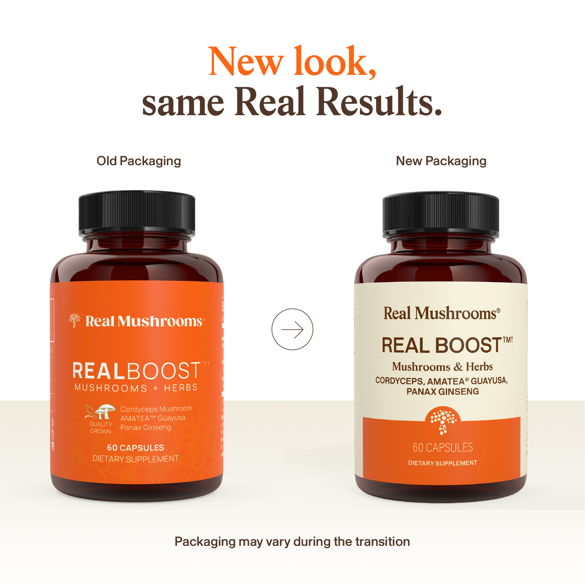 Two bottles of Real Mushrooms’ RealBoost—Cordyceps, Guayusa, and Ginseng extract—feature orange labels, with a bottle of Jack Daniel's visible in the background.