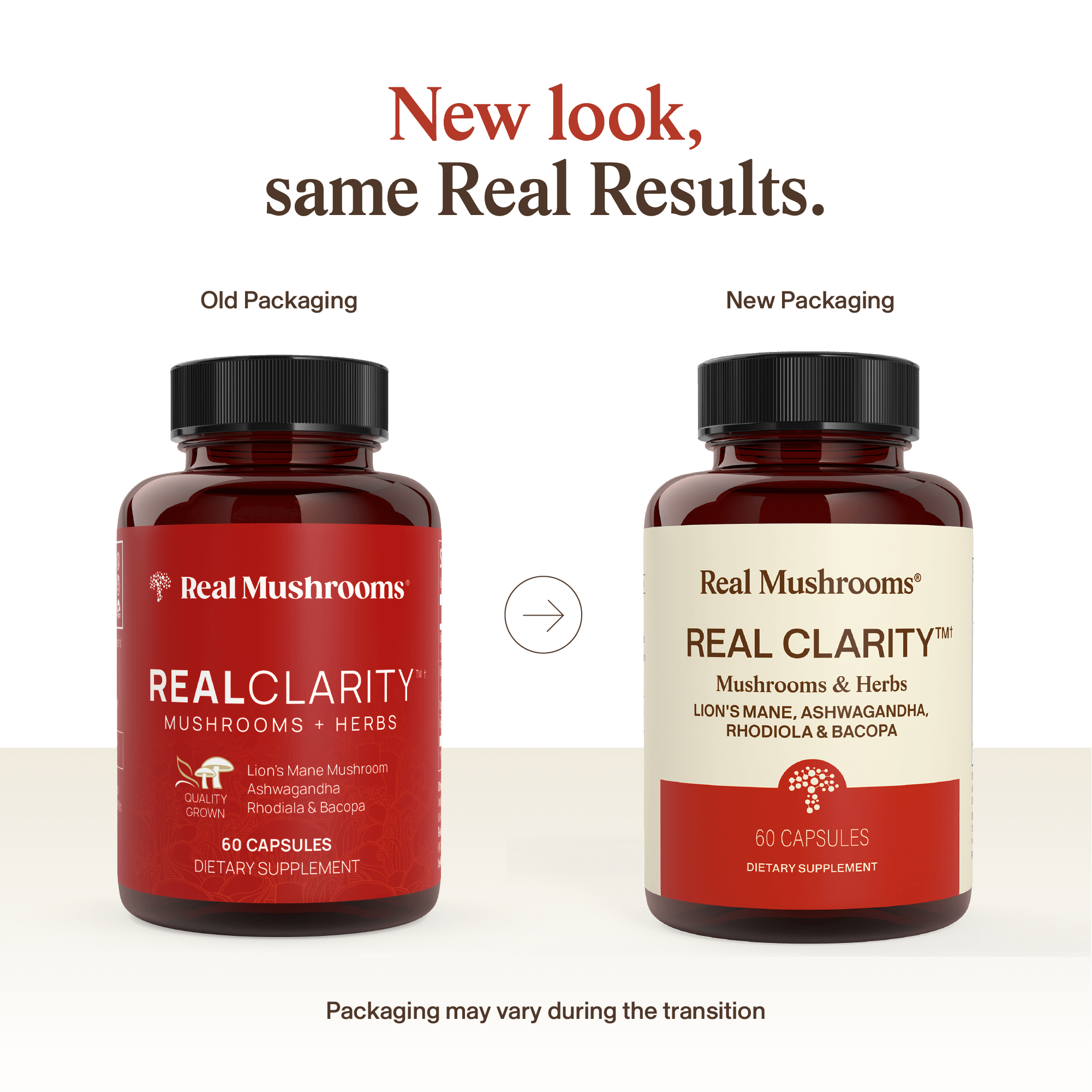 Side-by-side comparison of old and new packaging for Real Mushrooms’ RealClarity supplement, now featuring an updated label design highlighting Lion's Mane, Ashwagandha, Rhodiola, and Bacopa.