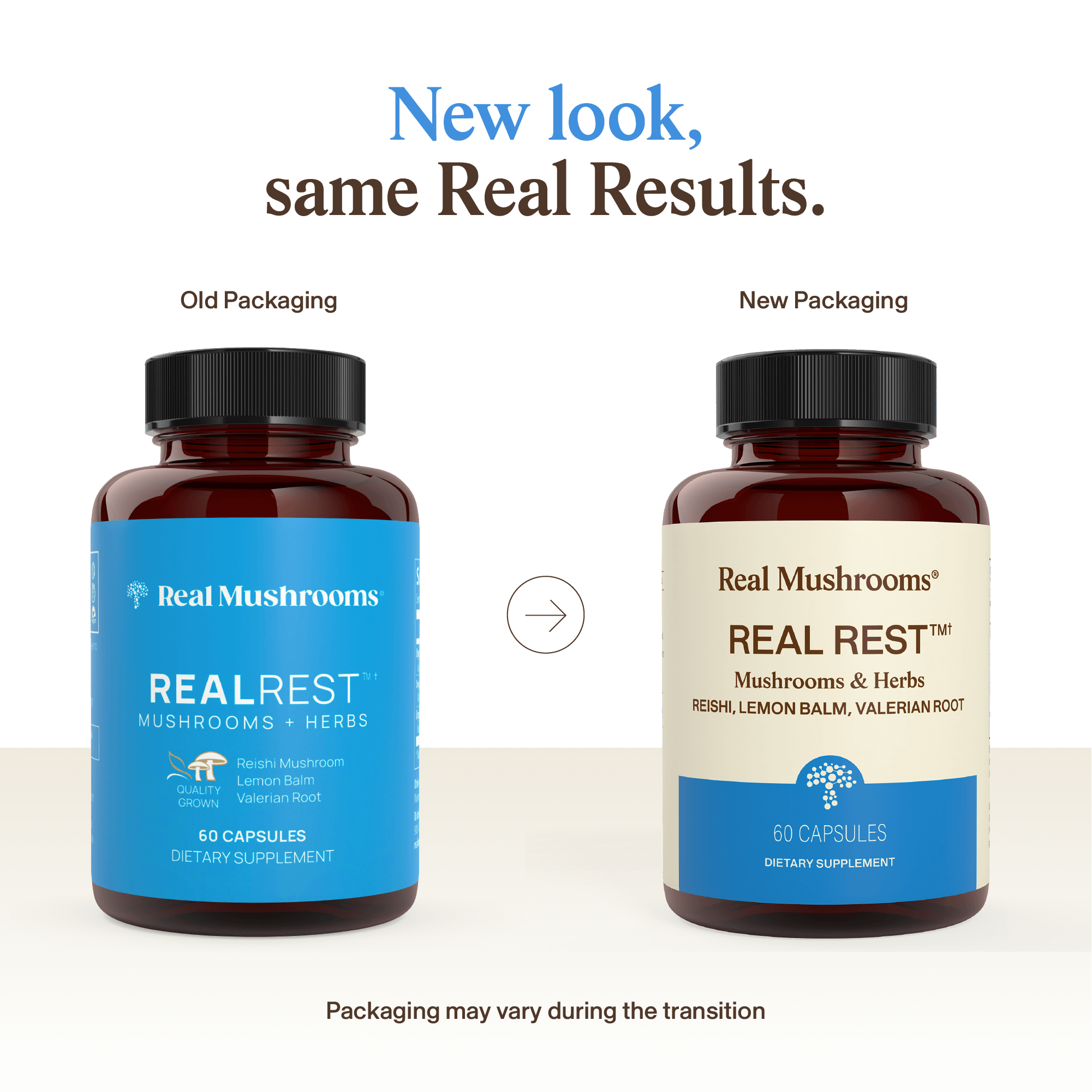 Two bottles of Real Mushrooms RealRest (Reishi, Valerian, and Lemon Balm) sit side by side, showing the update from old dark labels to new beige packaging that highlights calming ingredients like Lemon Balm and Reishi.