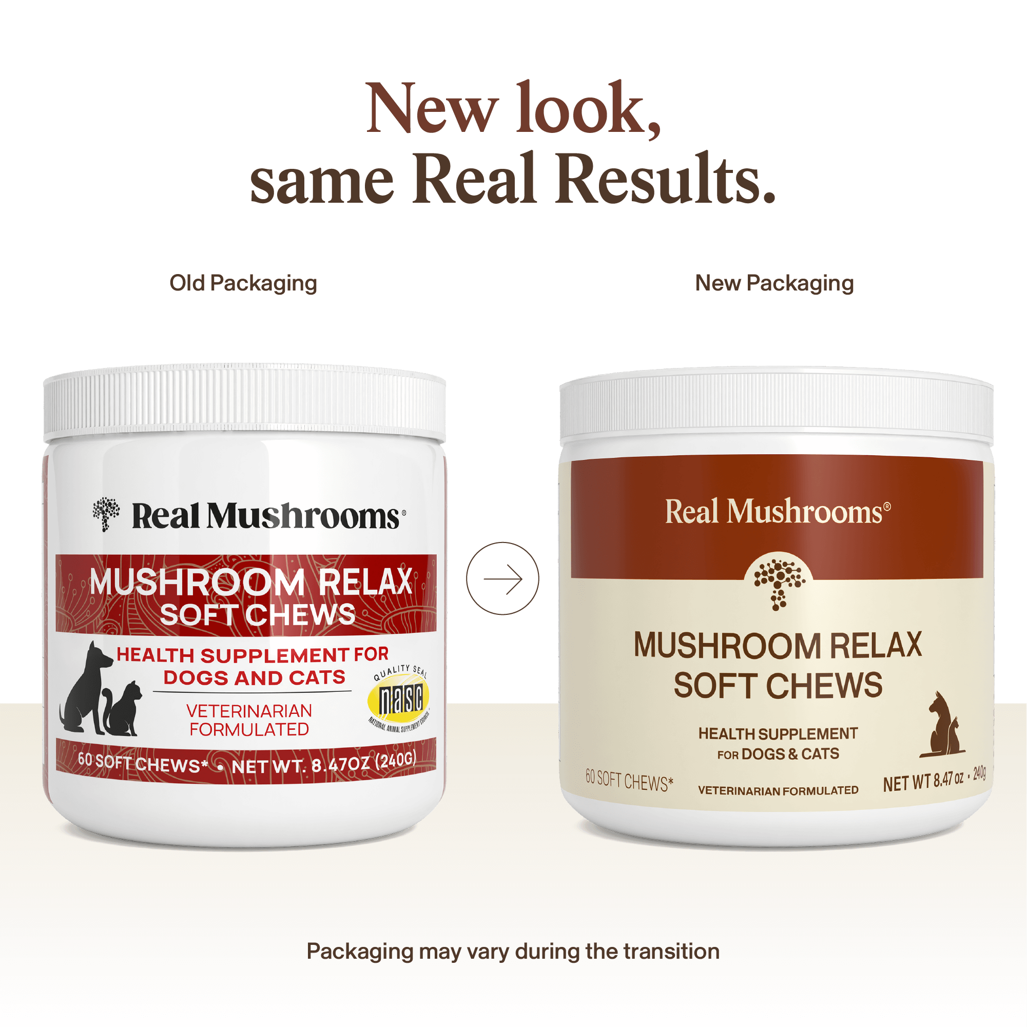 Side-by-side comparison of old and new packaging for Real Mushrooms Mushroom Relax Pet Chews—calming chews for pets; the updated beige label features a simpler design that emphasizes stress relief for pets.