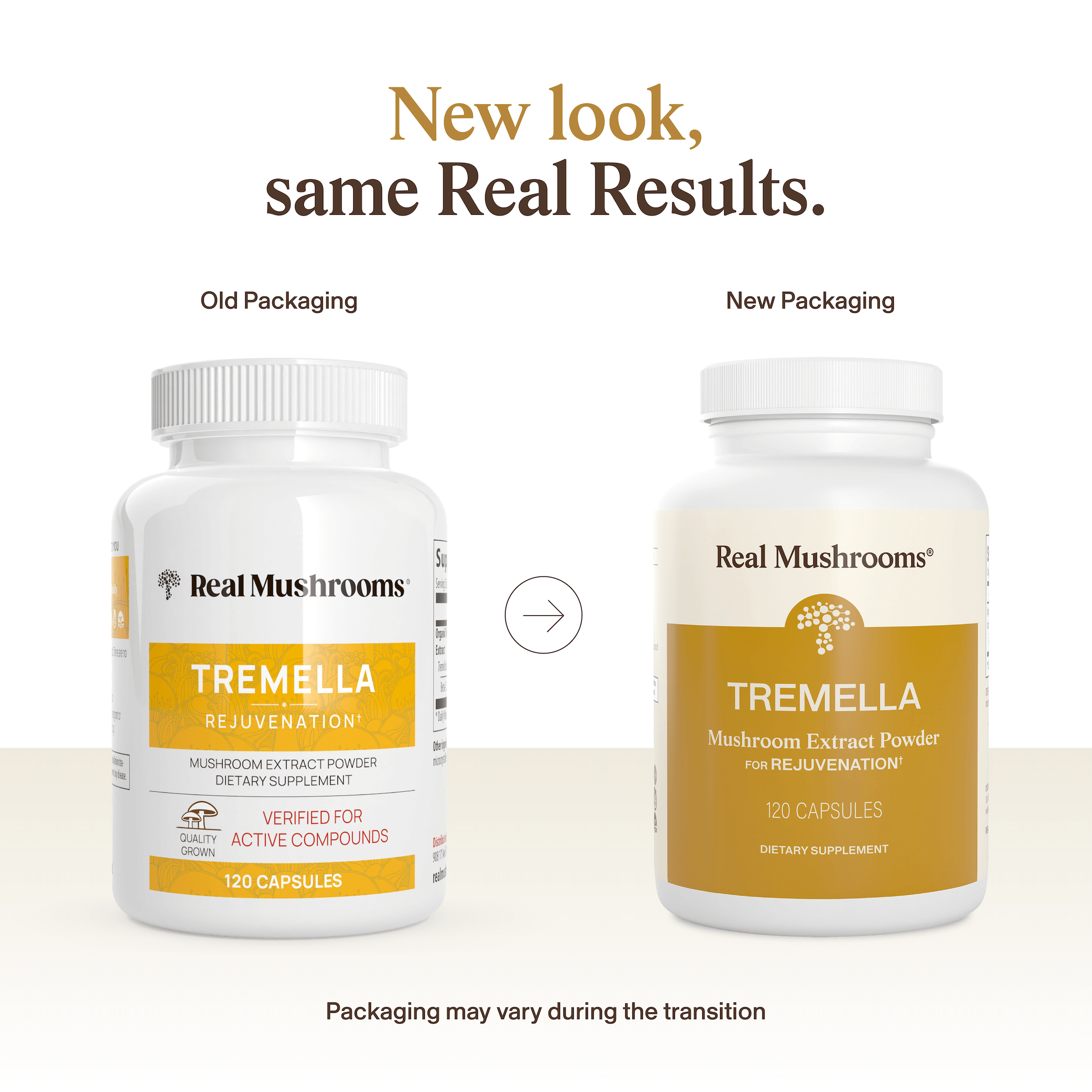 Comparison of old and new packaging for Real Mushrooms Organic Tremella Extract Capsules, both with white bottles and yellow labels, showing the updated design and packaging note for this organic supplement rich in beta-glucans.