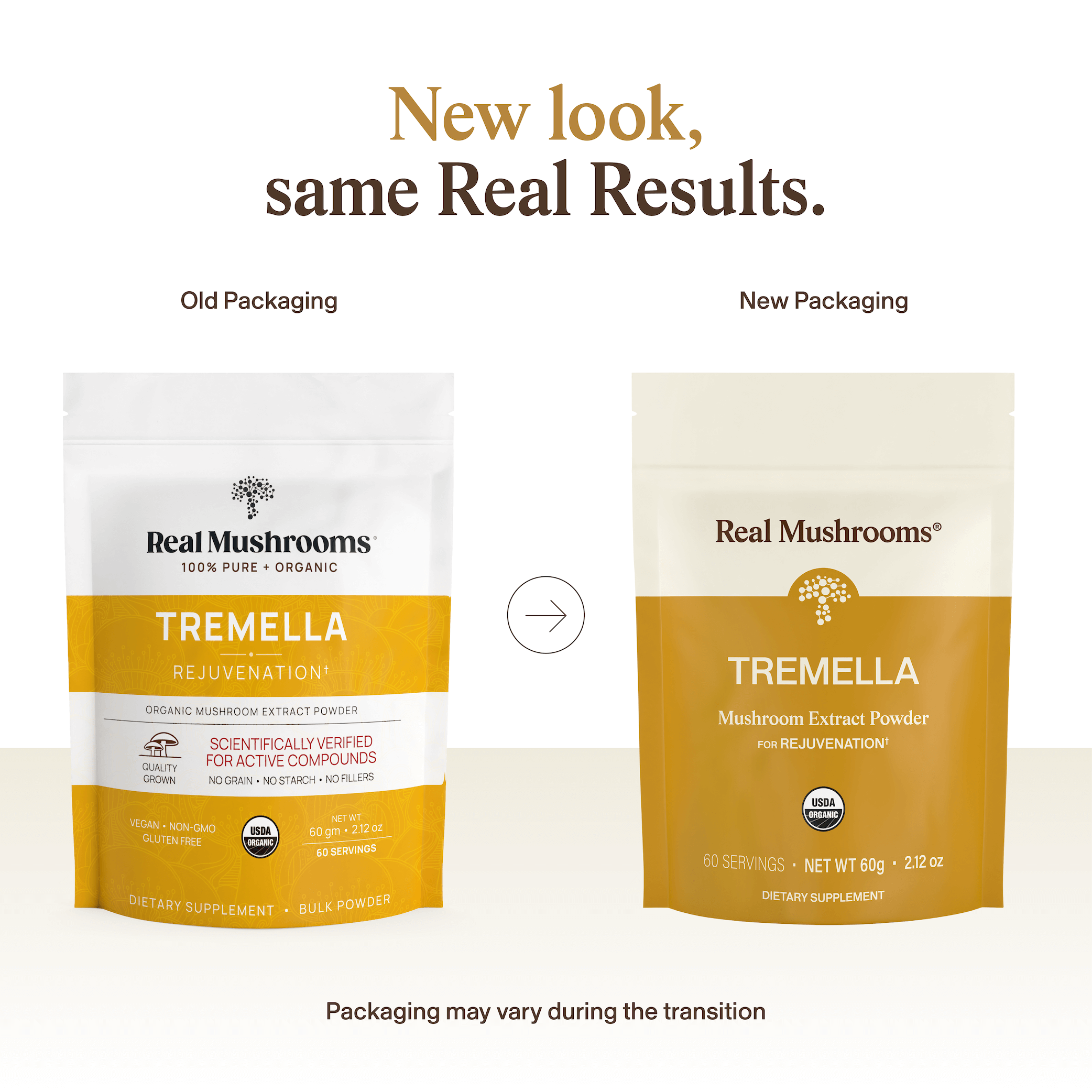 Side-by-side image displays old and new packaging for Real Mushrooms Organic Tremella Extract Powder, noting design changes. During the transition, packaging may vary. Supports skin, hair, and nail health with natural beta-glucans.
