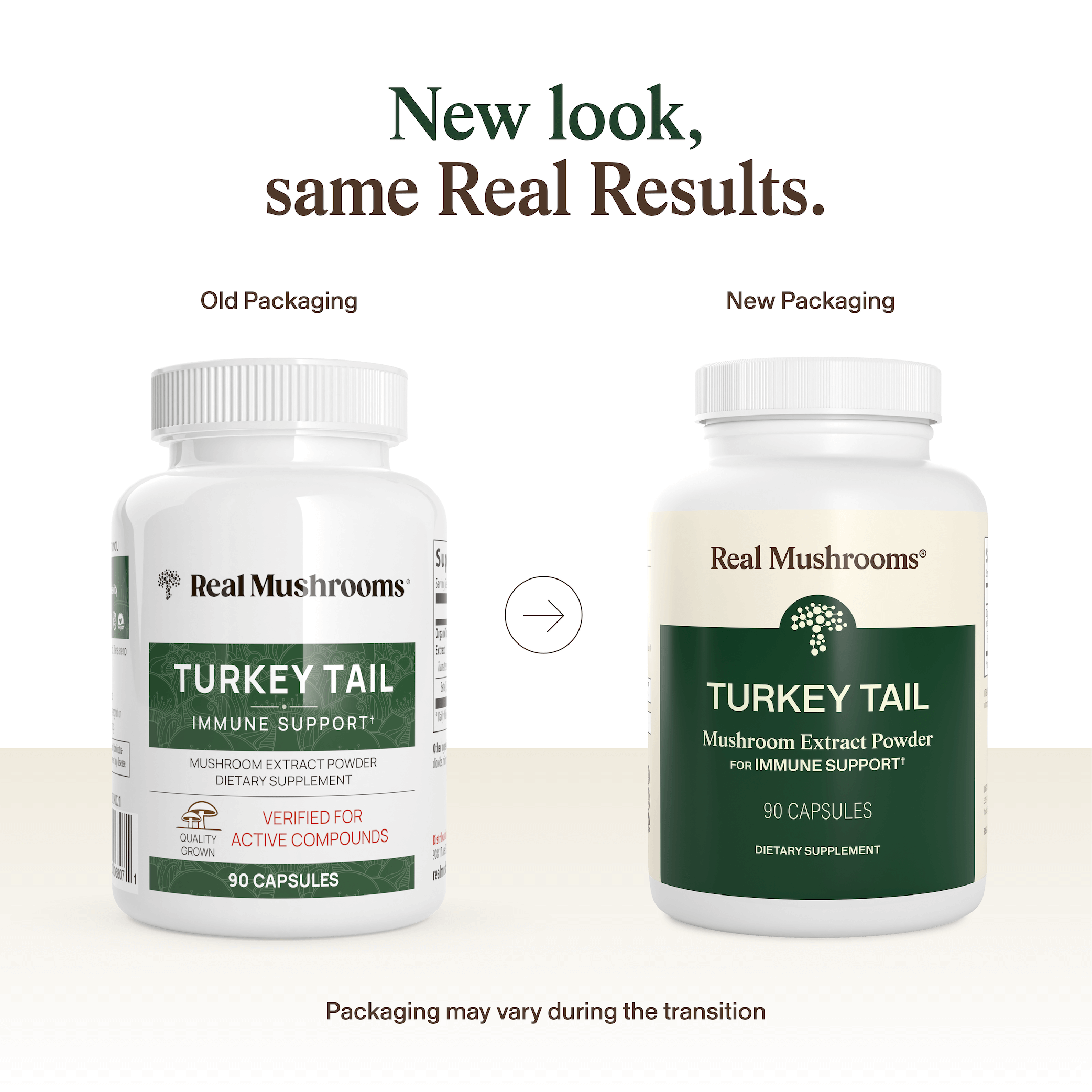 See the side-by-side comparison of old and new packaging for Real Mushrooms Turkey Tail Mushroom Capsules, made with premium Turkey Tail mushrooms rich in beta-glucans. Note: Packaging may vary during the transition.