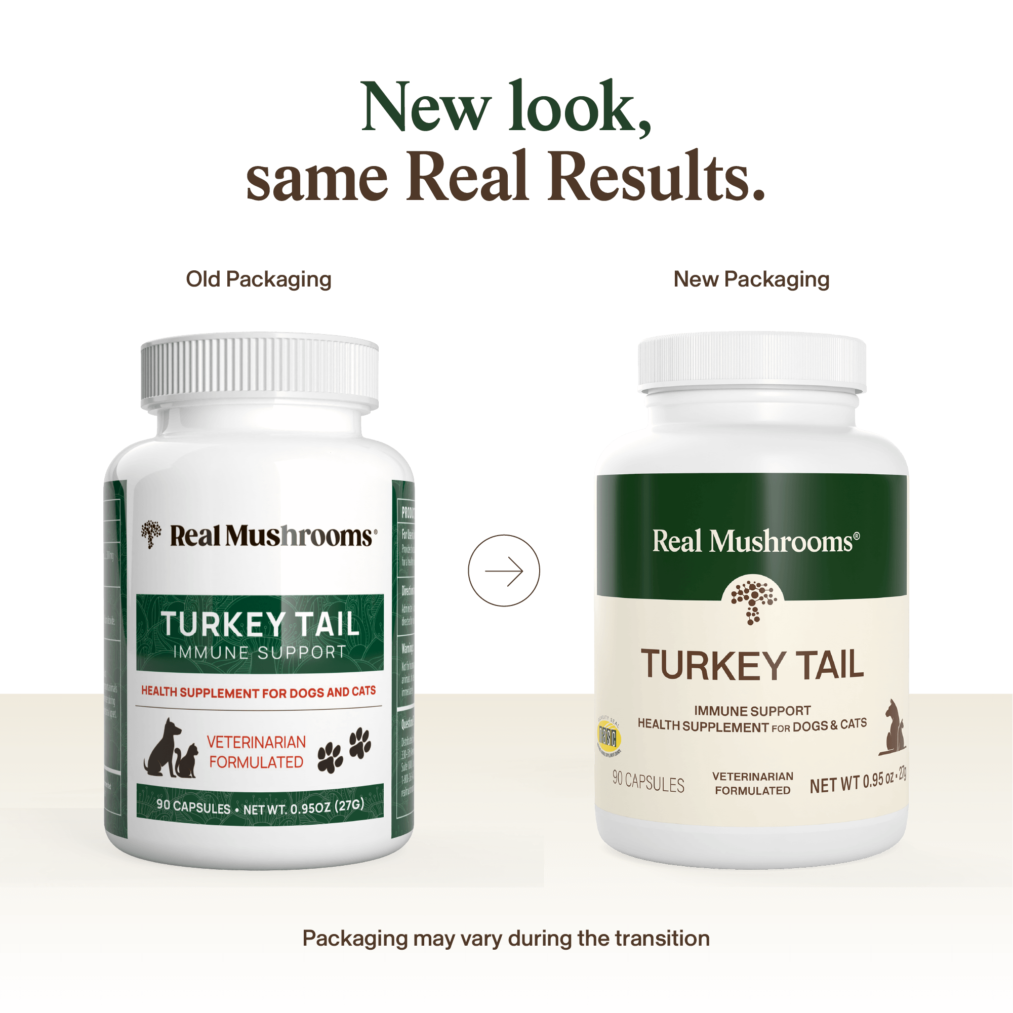 Comparison of old and new packaging for Real Mushrooms Turkey Tail Extract Capsules for Pets, featuring organic mushroom extract rich in beta-glucans. Note: Packaging may vary during the transition period.