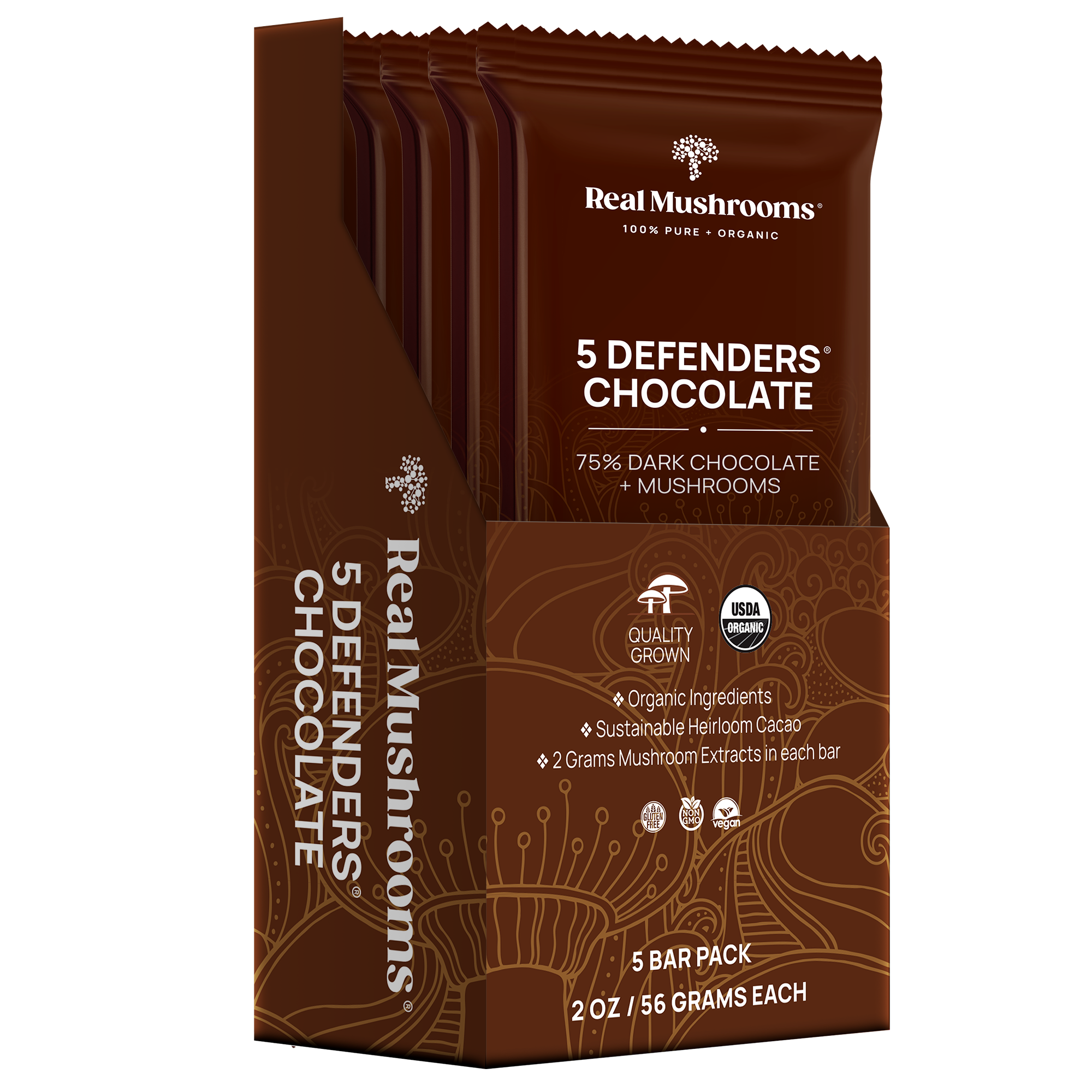 The Mushroom Chocolate Bar - 5 Pack by Real Mushrooms features 75% organic dark chocolate with functional mushrooms. Each pack includes five quality-grown, certified organic bars, each weighing 2 oz.